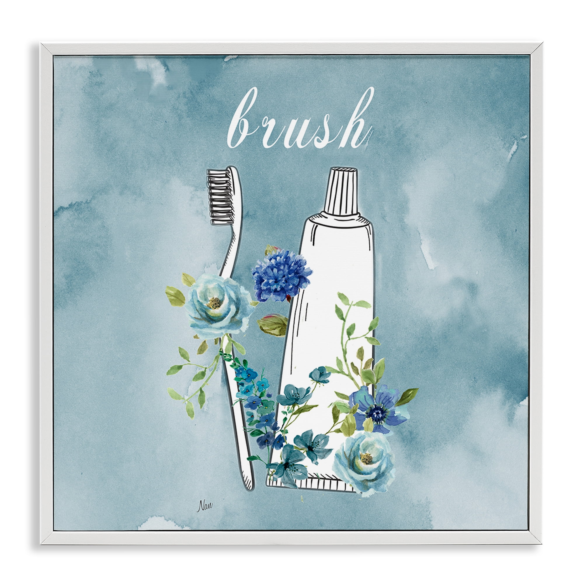 Stupell Industries Floral Bathroom Rules Brush White Framed Giclee Art, design by Nan