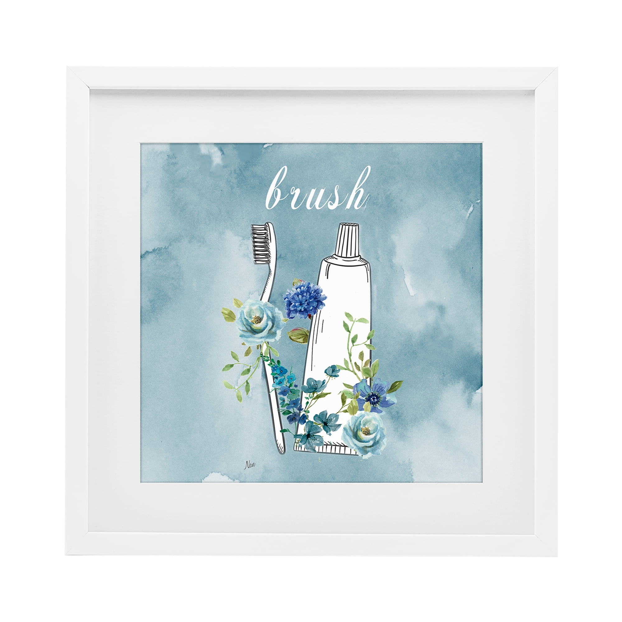 Stupell Industries Floral Bathroom Rules Brush White Framed Print Under Glass, design by Nan