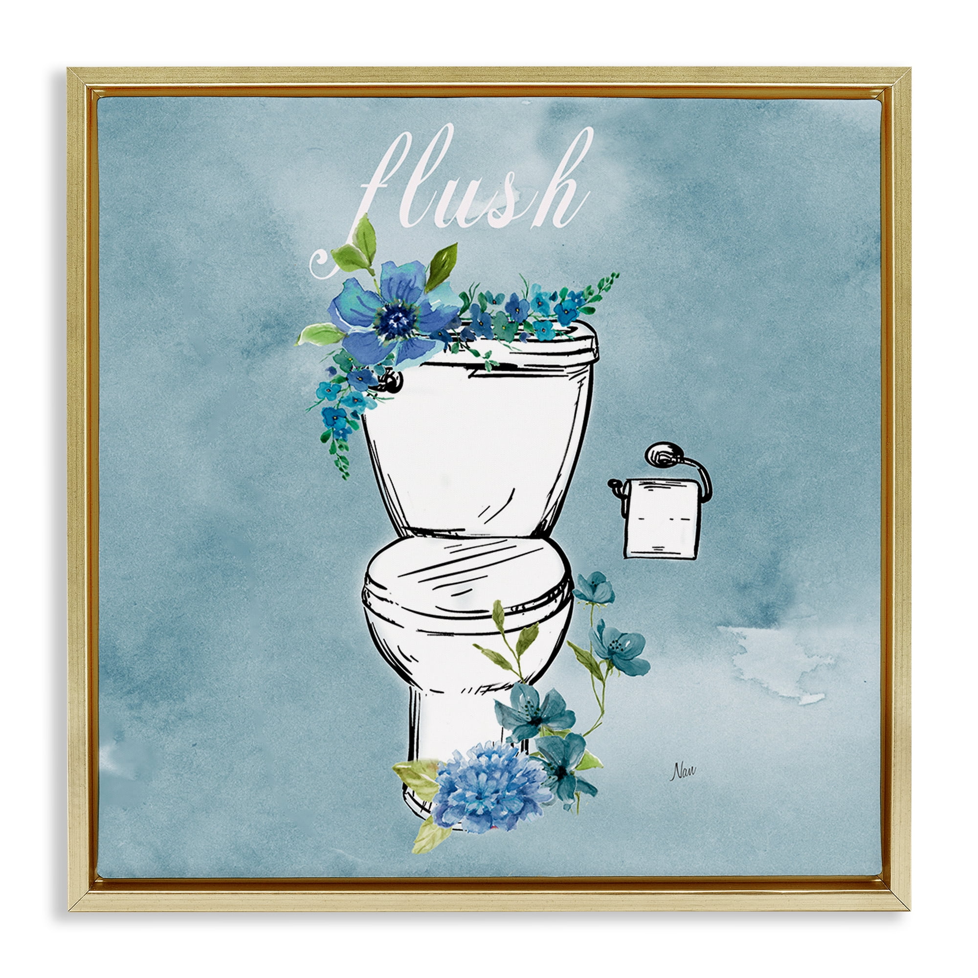 Stupell Industries Floral Bathroom Rules Flush Gold Framed Floater Canvas Wall Art, design by Nan