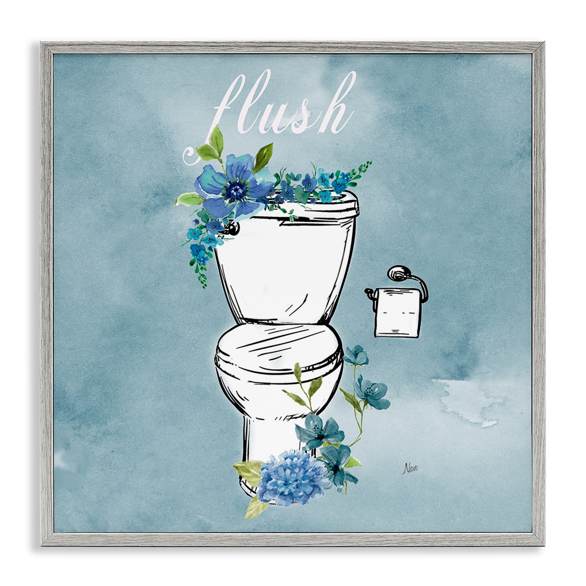 Stupell Industries Floral Bathroom Rules Flush Gray Framed Giclee Art, design by Nan