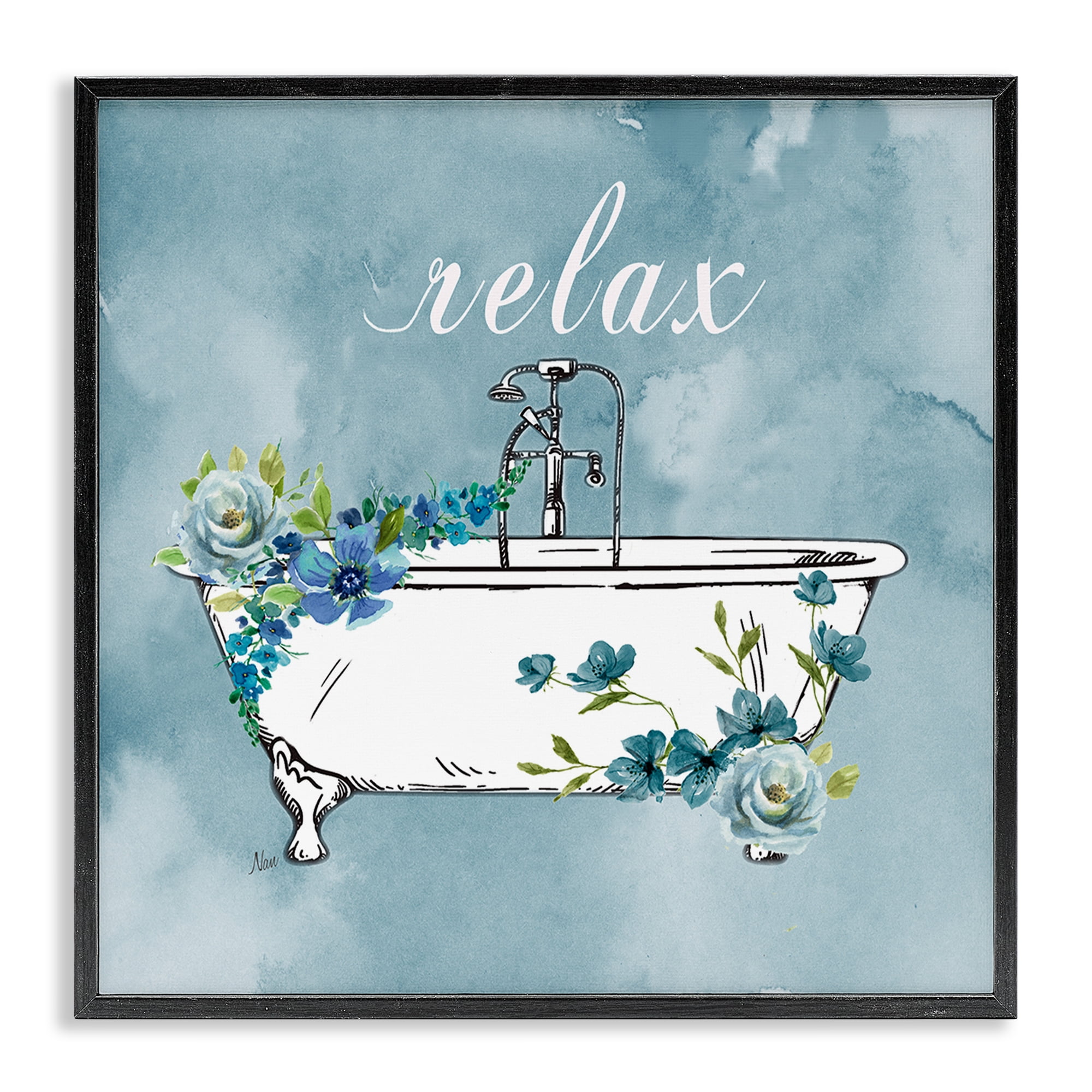 Stupell Industries Floral Bathroom Rules Relax Black Framed Giclee Art, design by Nan