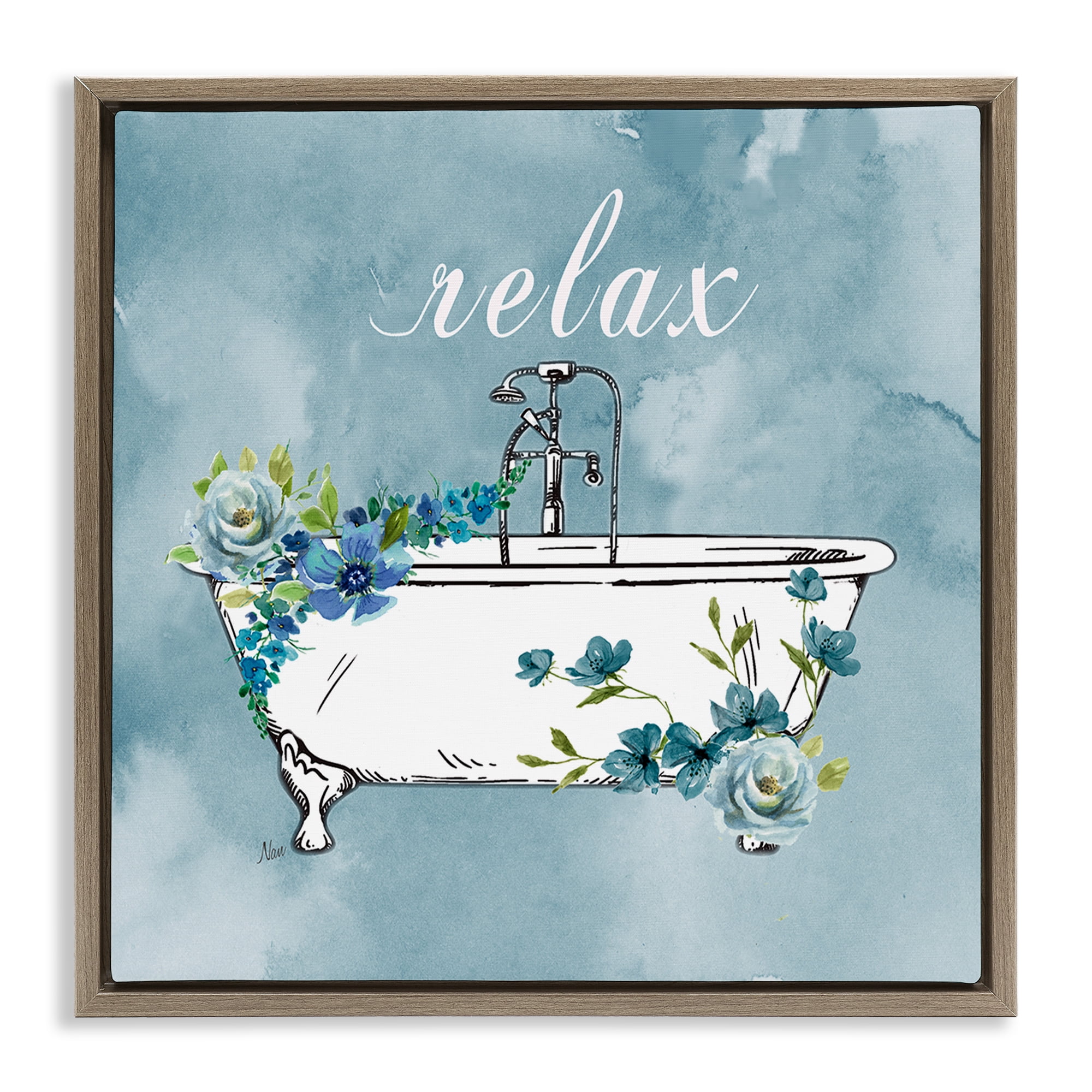 Stupell Industries Floral Bathroom Rules Relax Brown Framed Floater Canvas Wall Art, design by Nan