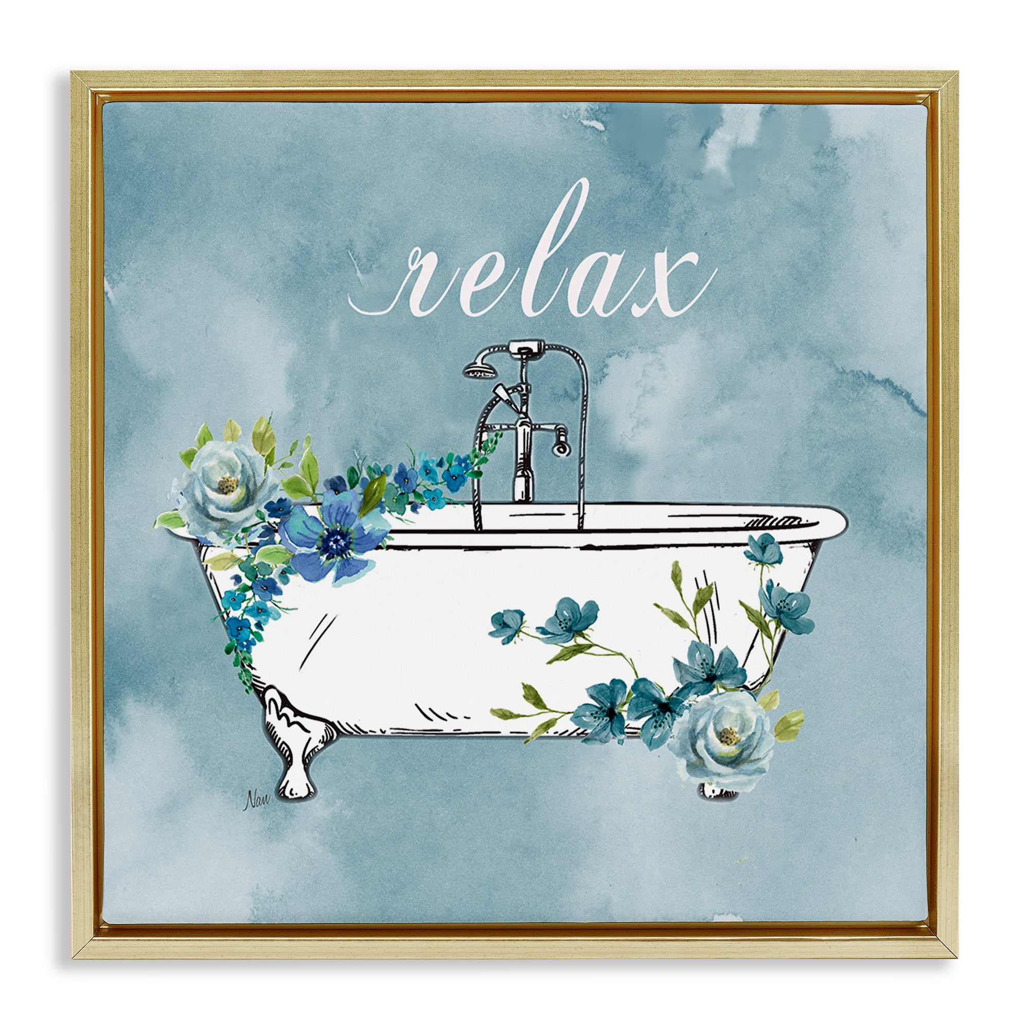 Stupell Industries Floral Bathroom Rules Relax Gold Framed Floater Canvas Wall Art, design by Nan