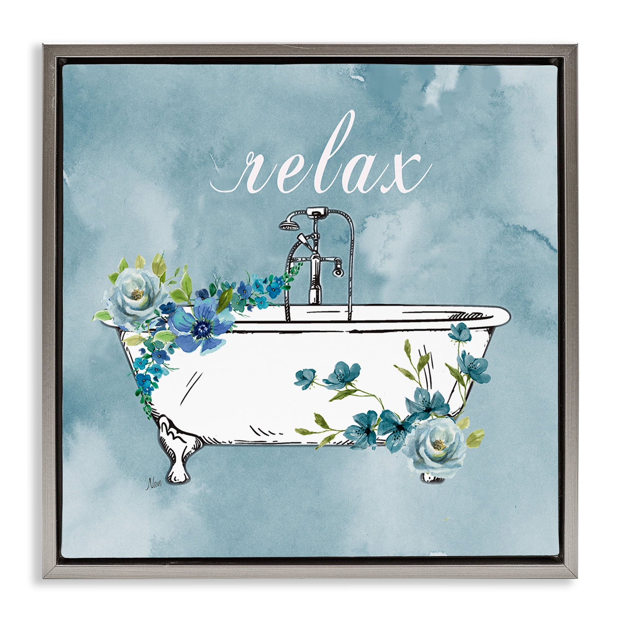 Stupell Industries Floral Bathroom Rules Relax Gray Framed Floater Canvas Wall Art, design by Nan