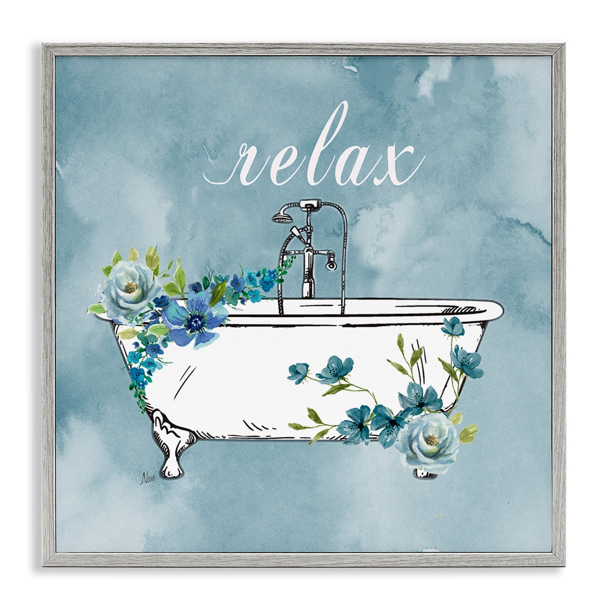 Stupell Industries Floral Bathroom Rules Relax Gray Framed Giclee Art, design by Nan