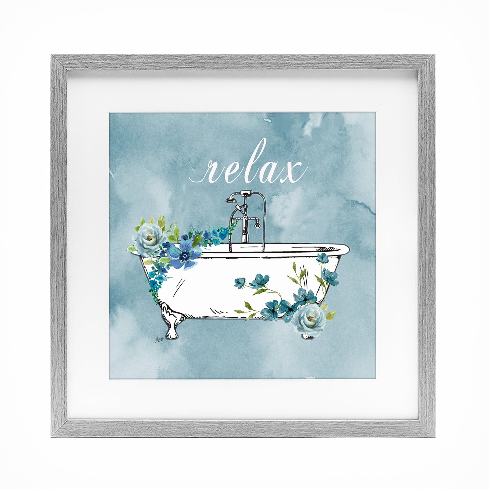 Stupell Industries Floral Bathroom Rules Relax Gray Framed Print Under Glass, design by Nan