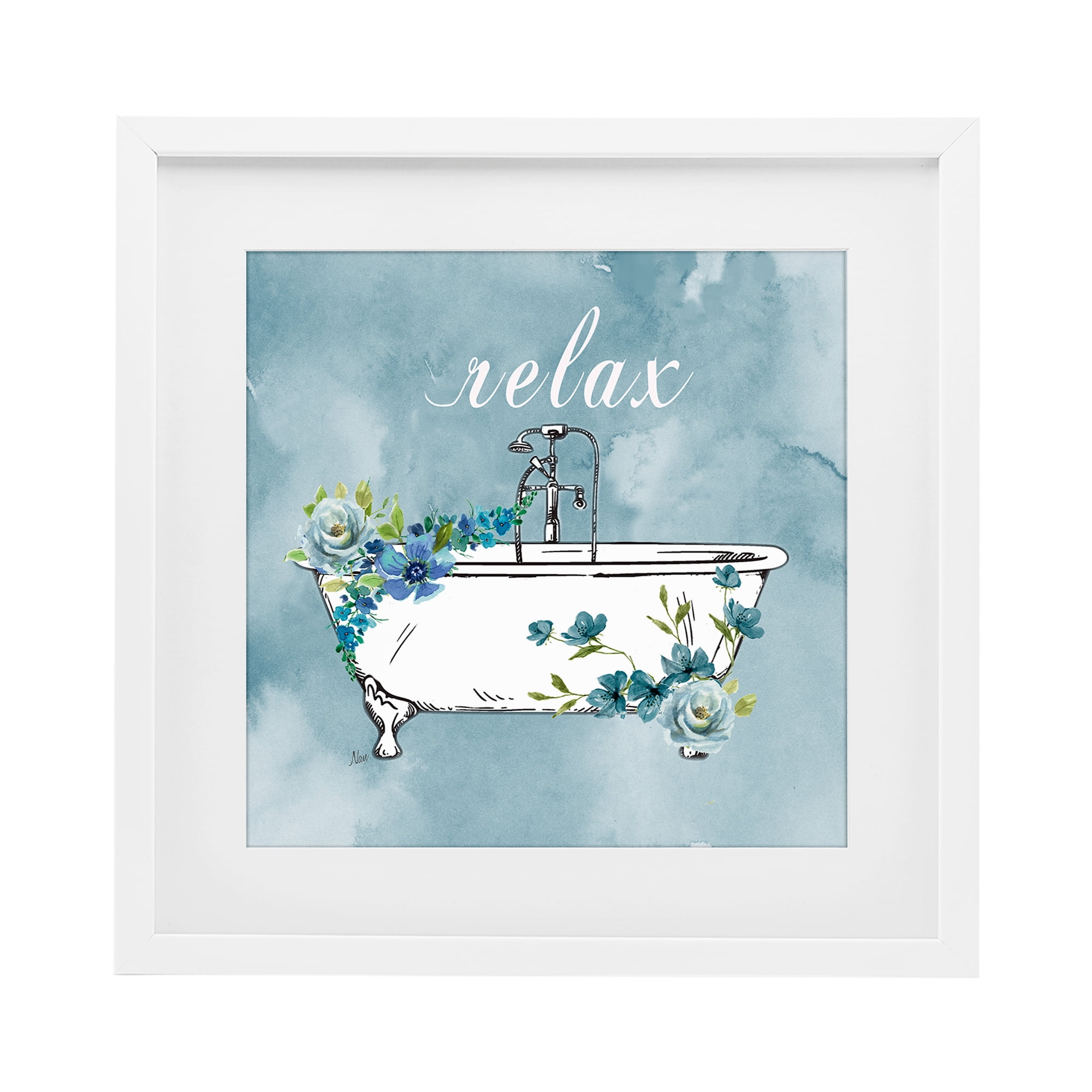 Stupell Industries Floral Bathroom Rules Relax White Framed Print Under Glass, design by Nan