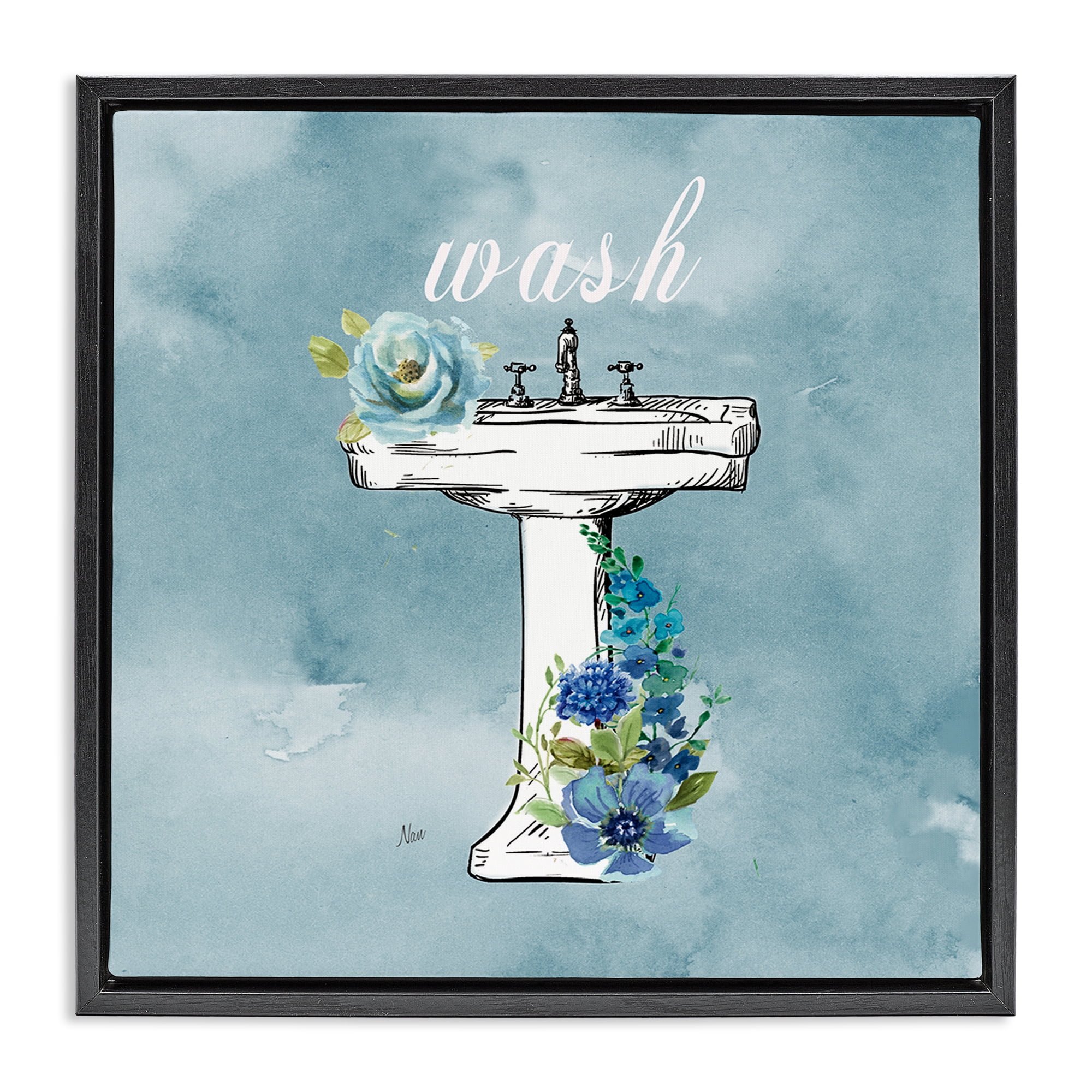 Stupell Industries Floral Bathroom Rules Wash Black Framed Floater Canvas Wall Art, design by Nan