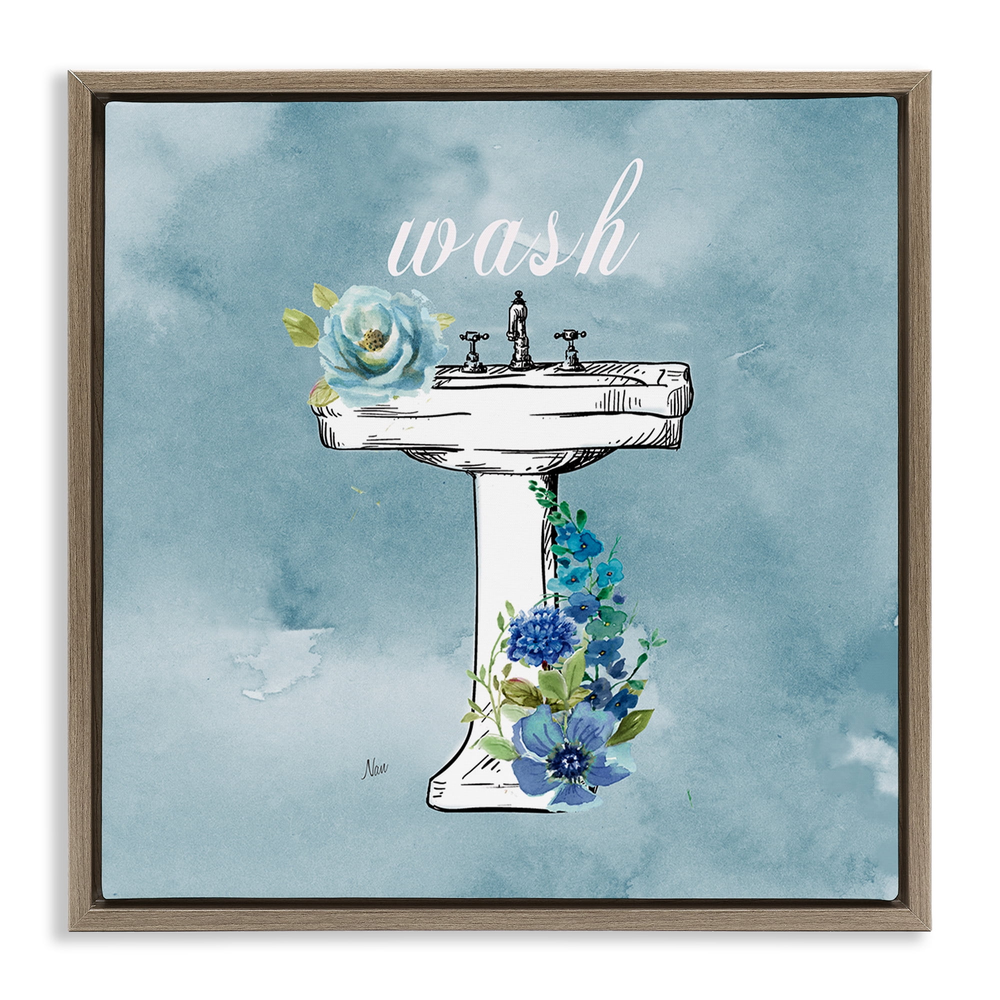 Stupell Industries Floral Bathroom Rules Wash Brown Framed Floater Canvas Wall Art, design by Nan
