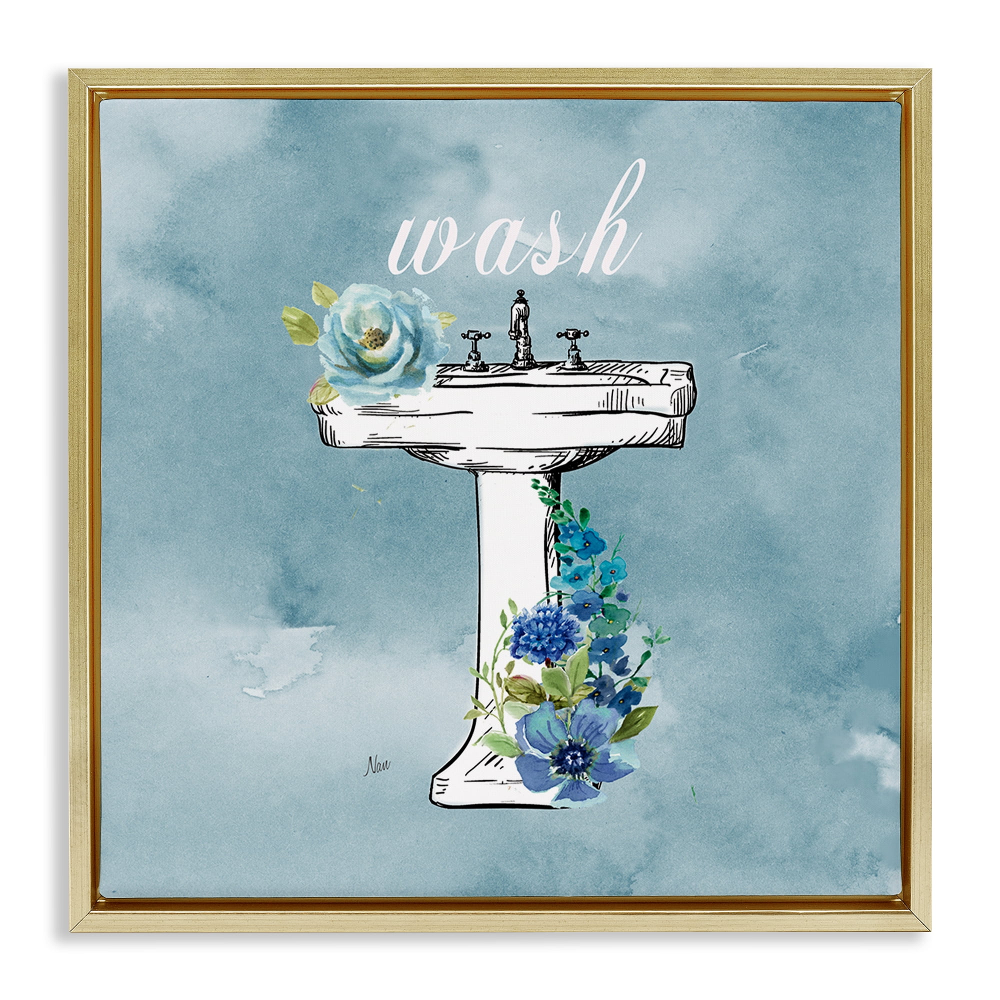 Stupell Industries Floral Bathroom Rules Wash Gold Framed Floater Canvas Wall Art, design by Nan