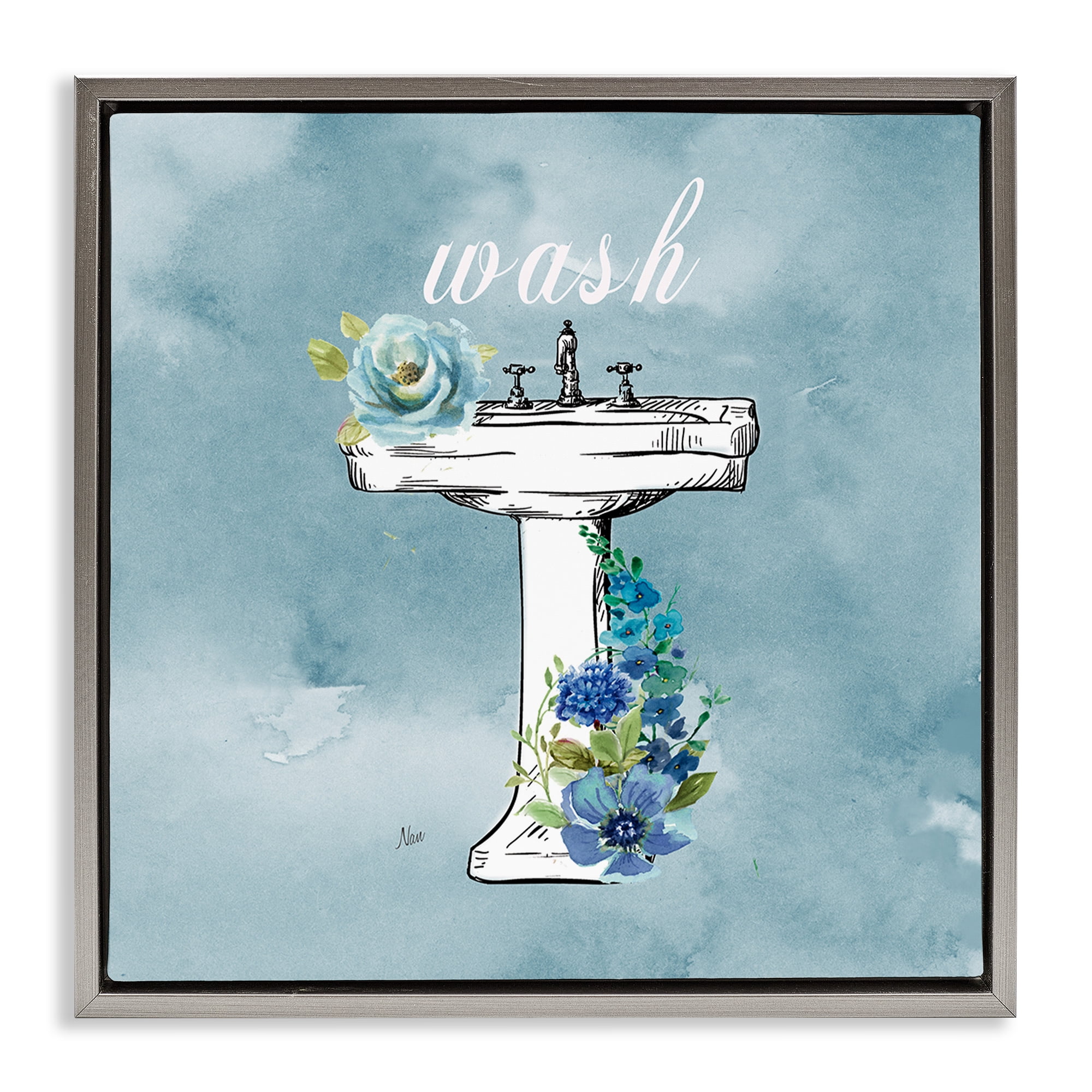 Stupell Industries Floral Bathroom Rules Wash Gray Framed Floater Canvas Wall Art, design by Nan