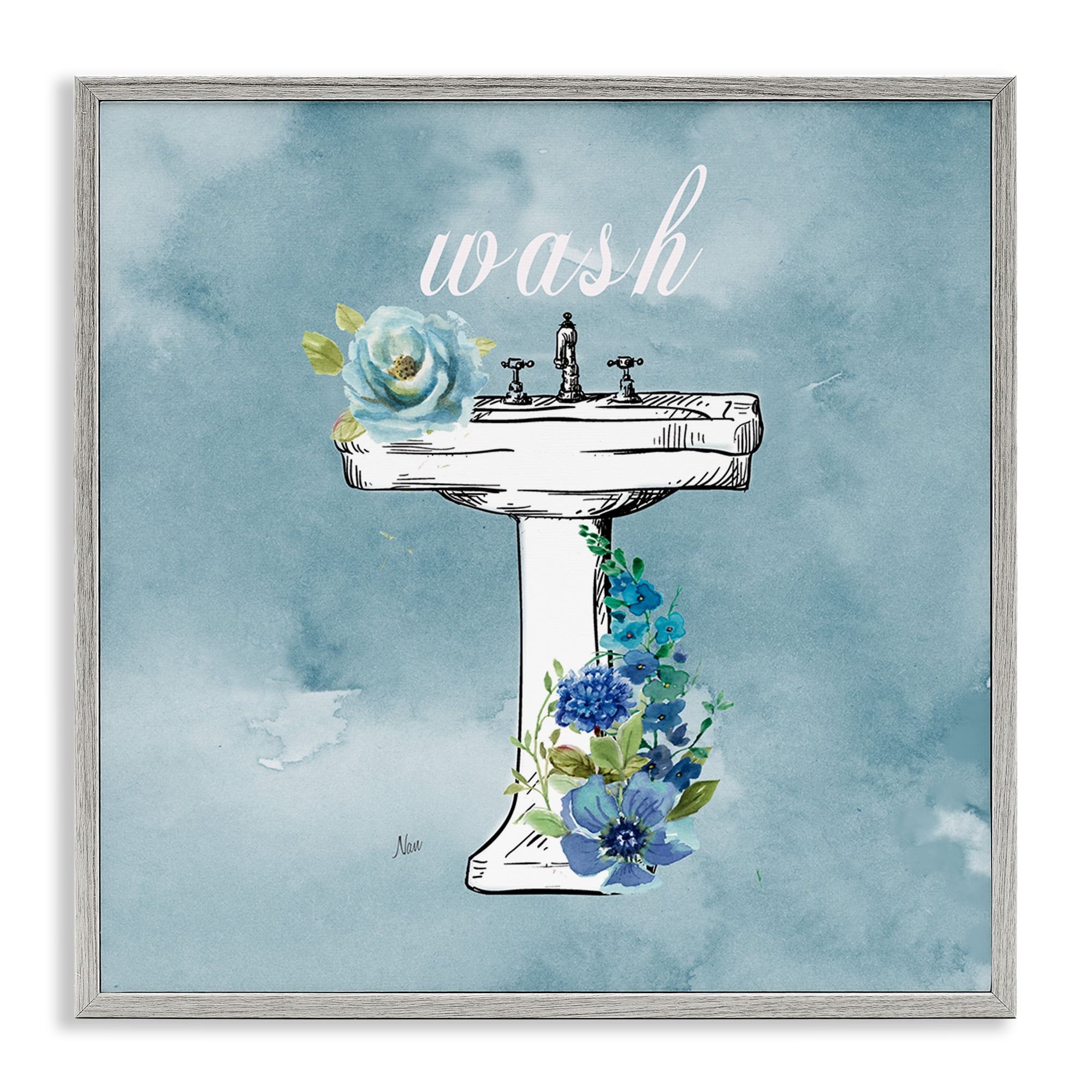 Stupell Industries Floral Bathroom Rules Wash Gray Framed Giclee Art, design by Nan