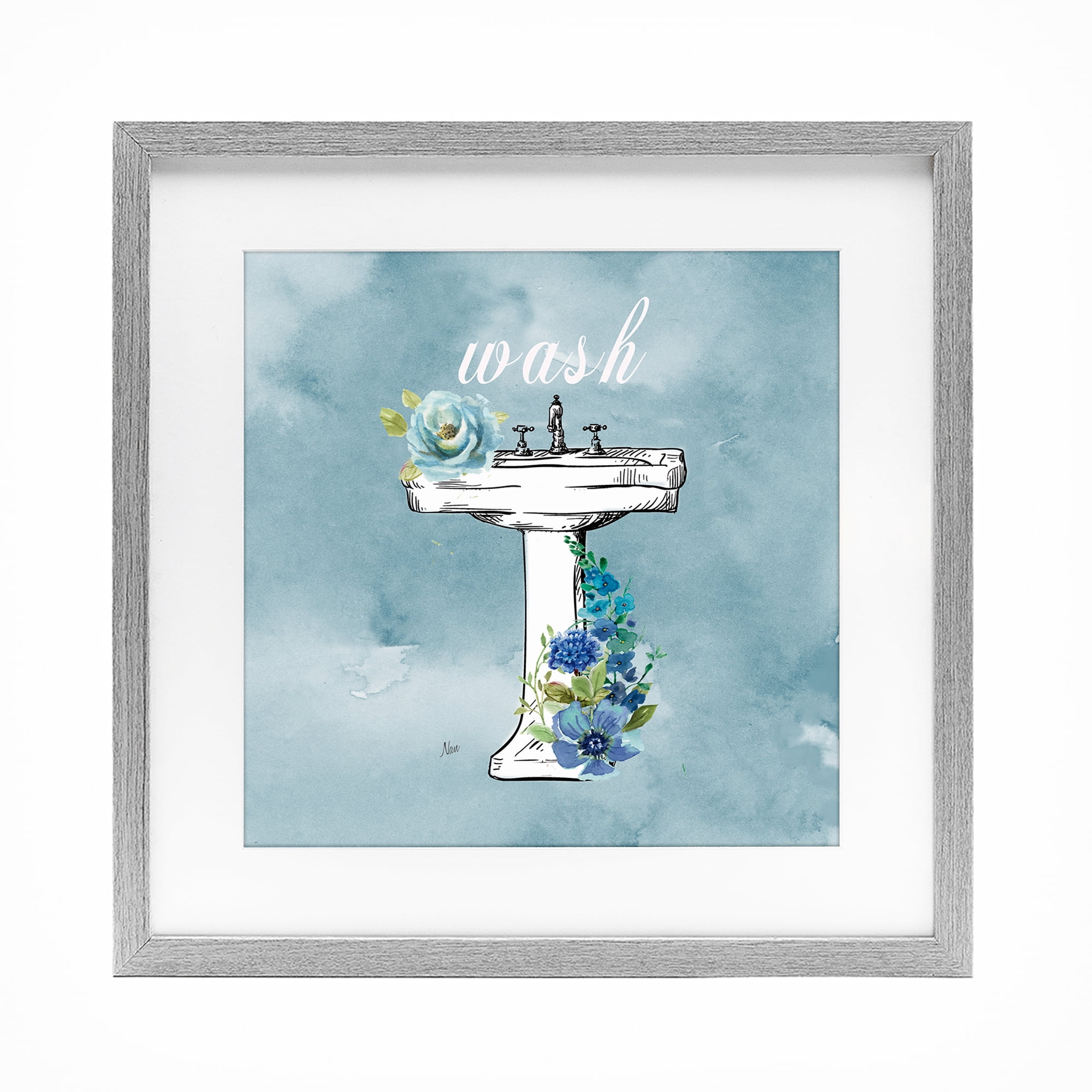 Stupell Industries Floral Bathroom Rules Wash Gray Framed Print Under Glass, design by Nan
