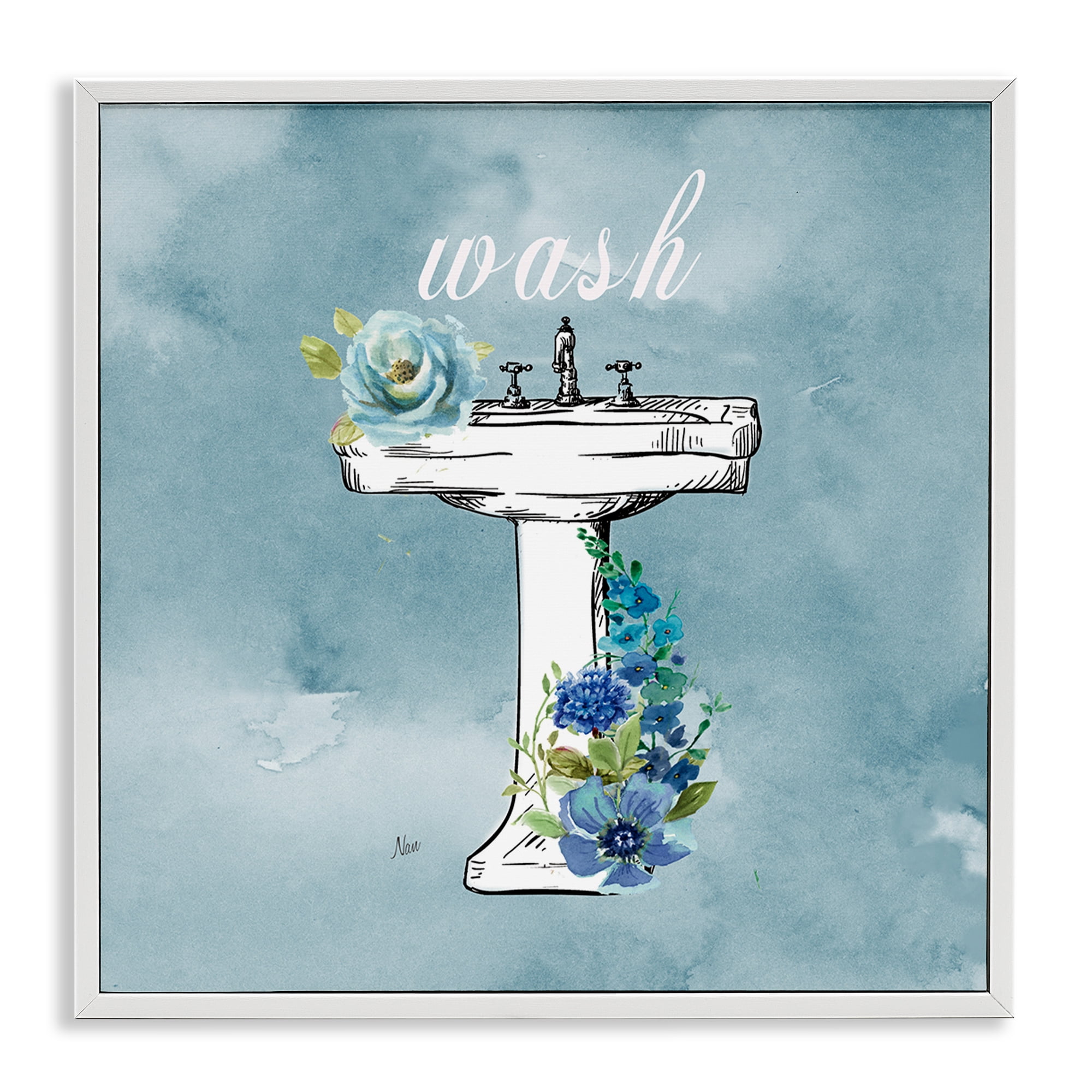 Stupell Industries Floral Bathroom Rules Wash White Framed Giclee Art, design by Nan