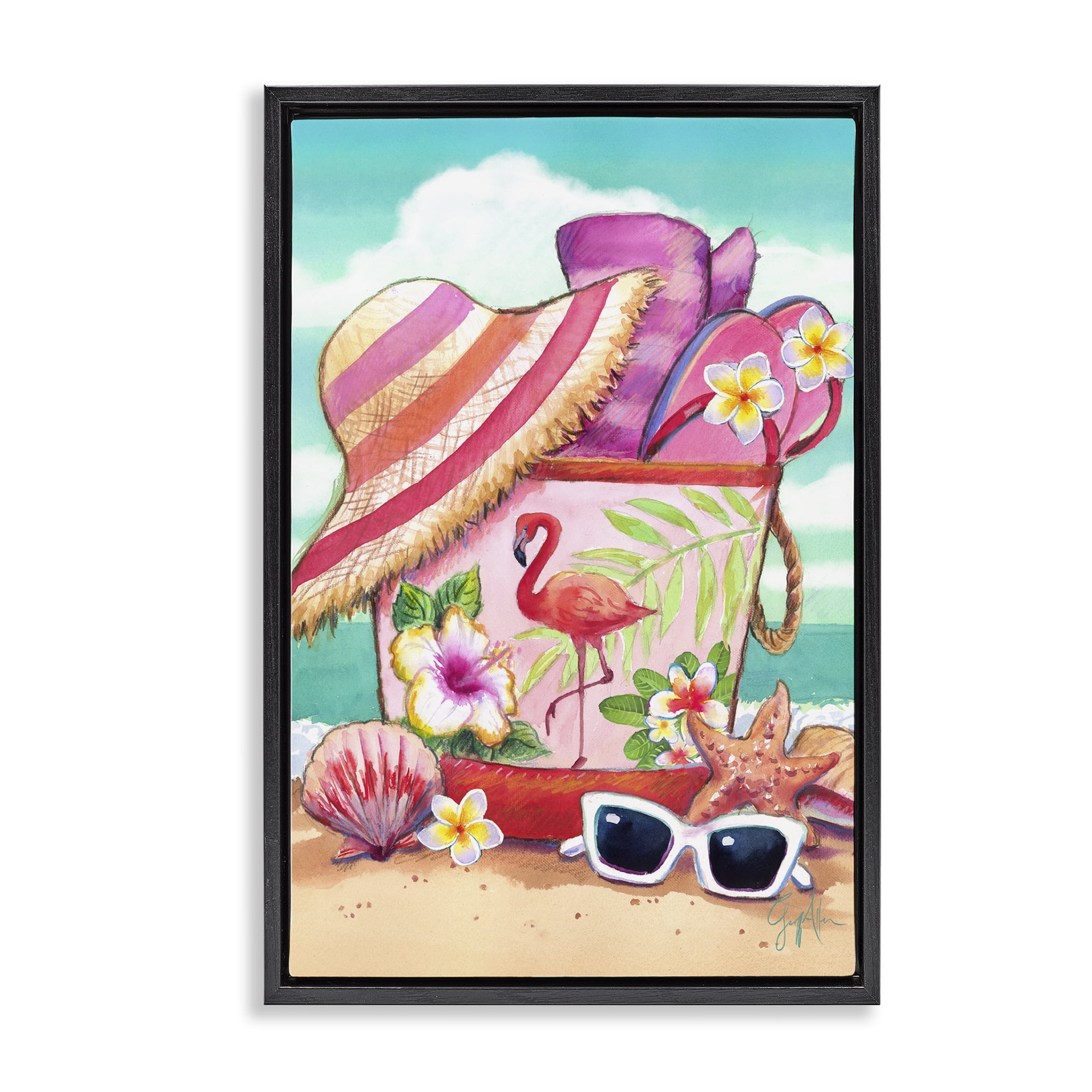 Stupell Industries Floral Beach Bag Nautical & Beach Painting Black Floater Framed Canvas Art Print Wall Art, 21 x 31