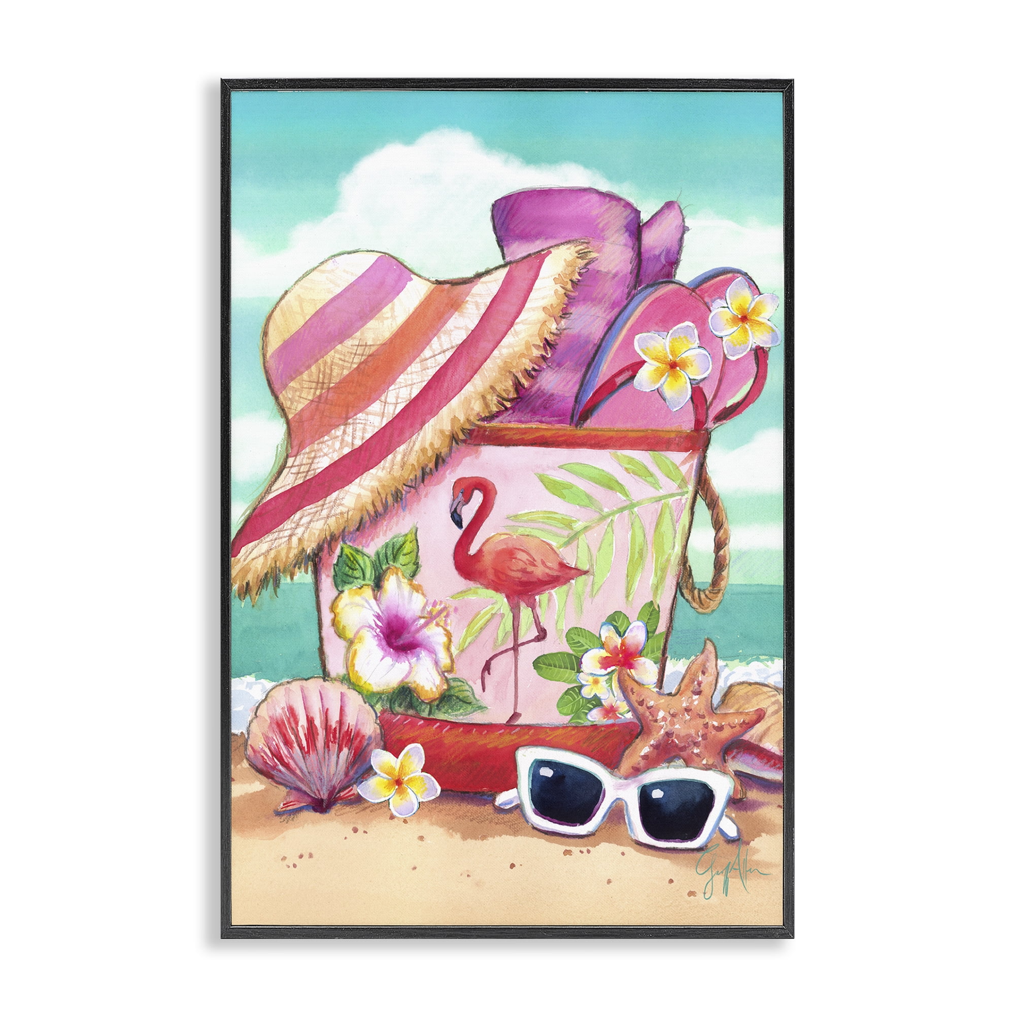 Stupell Industries Floral Beach Bag Nautical & Beach Painting Black Framed Art Print Wall Art, 20 x 30