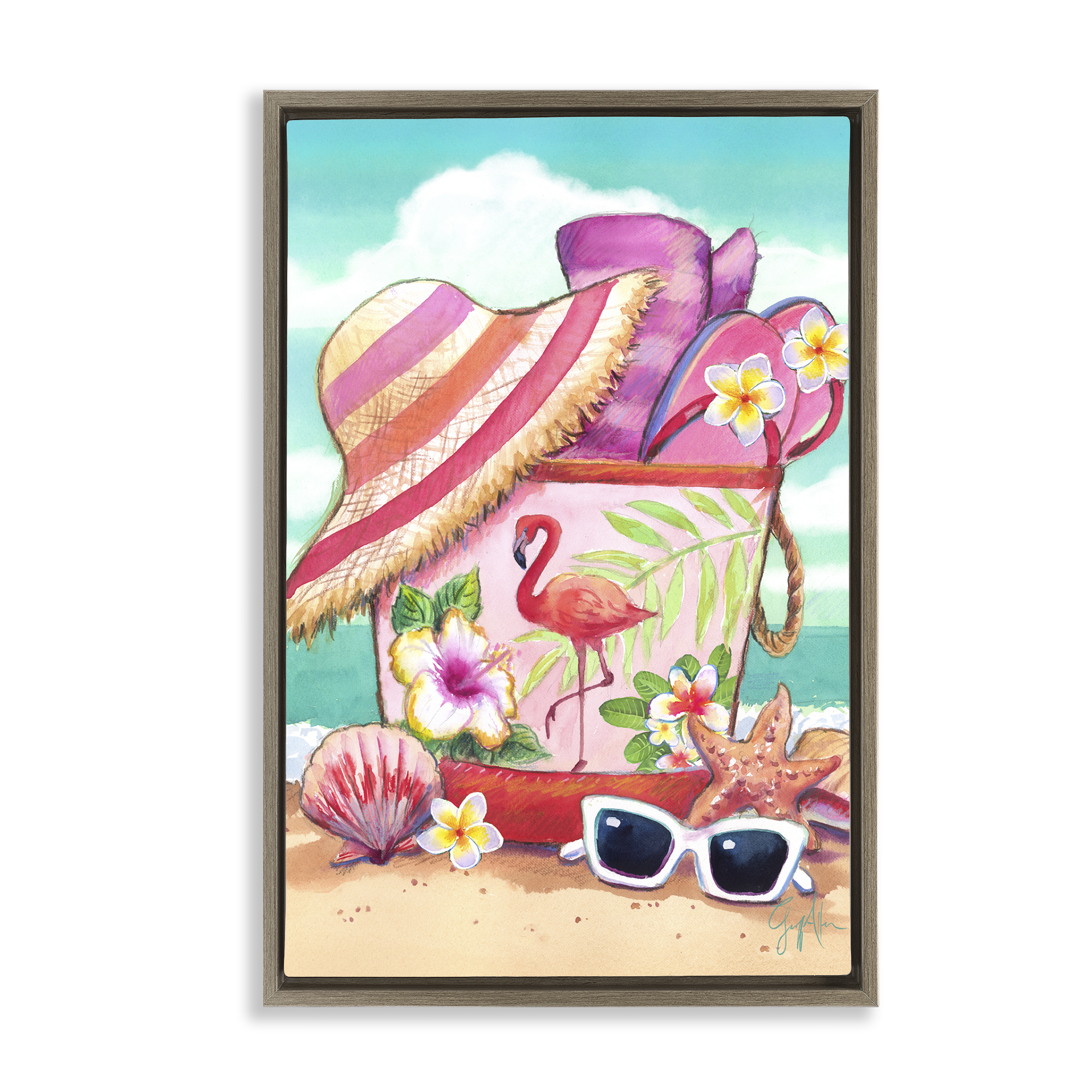 Stupell Industries Floral Beach Bag Nautical & Beach Painting Brown Floater Framed Canvas Art Print Wall Art, 17 x 25