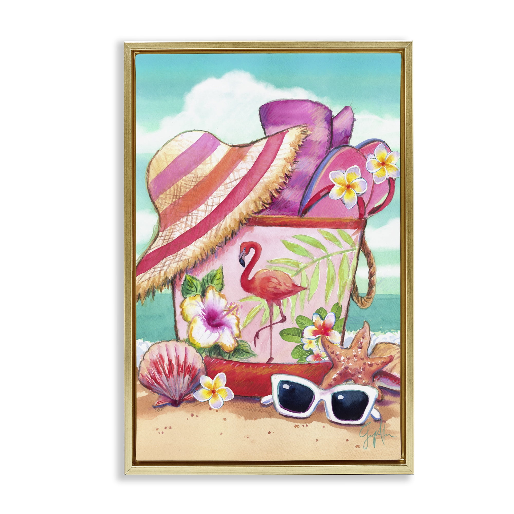 Stupell Industries Floral Beach Bag Nautical & Beach Painting Gold Floater Framed Canvas Art Print Wall Art, 21 x 31
