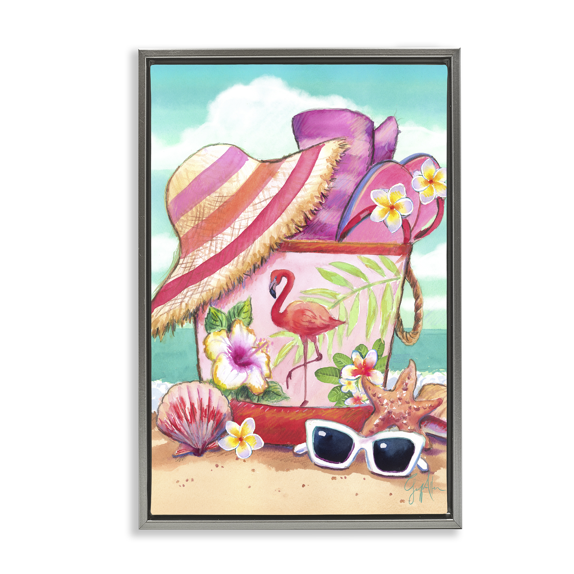 Stupell Industries Floral Beach Bag Nautical & Beach Painting Gray Floater Framed Canvas Art Print Wall Art, 17 x 25