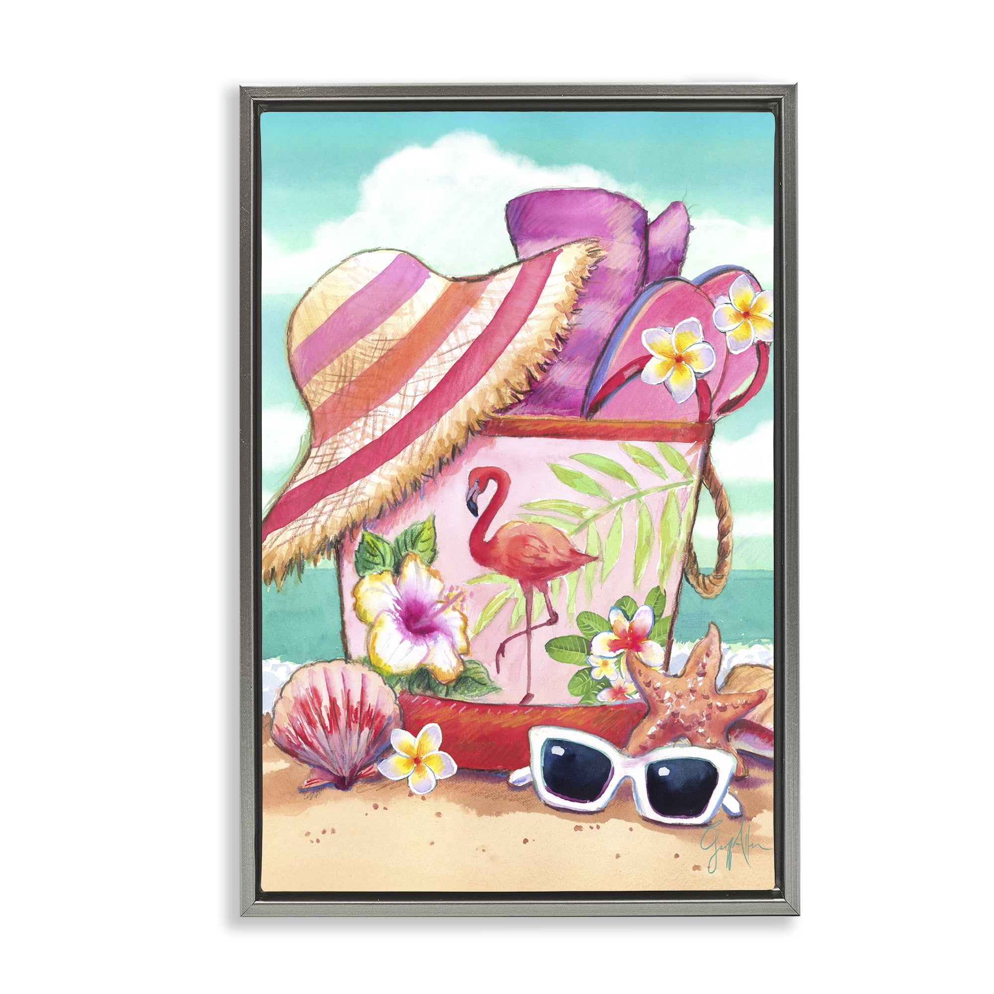Stupell Industries Floral Beach Bag Nautical & Beach Painting Gray Floater Framed Canvas Art Print Wall Art, 21 x 31