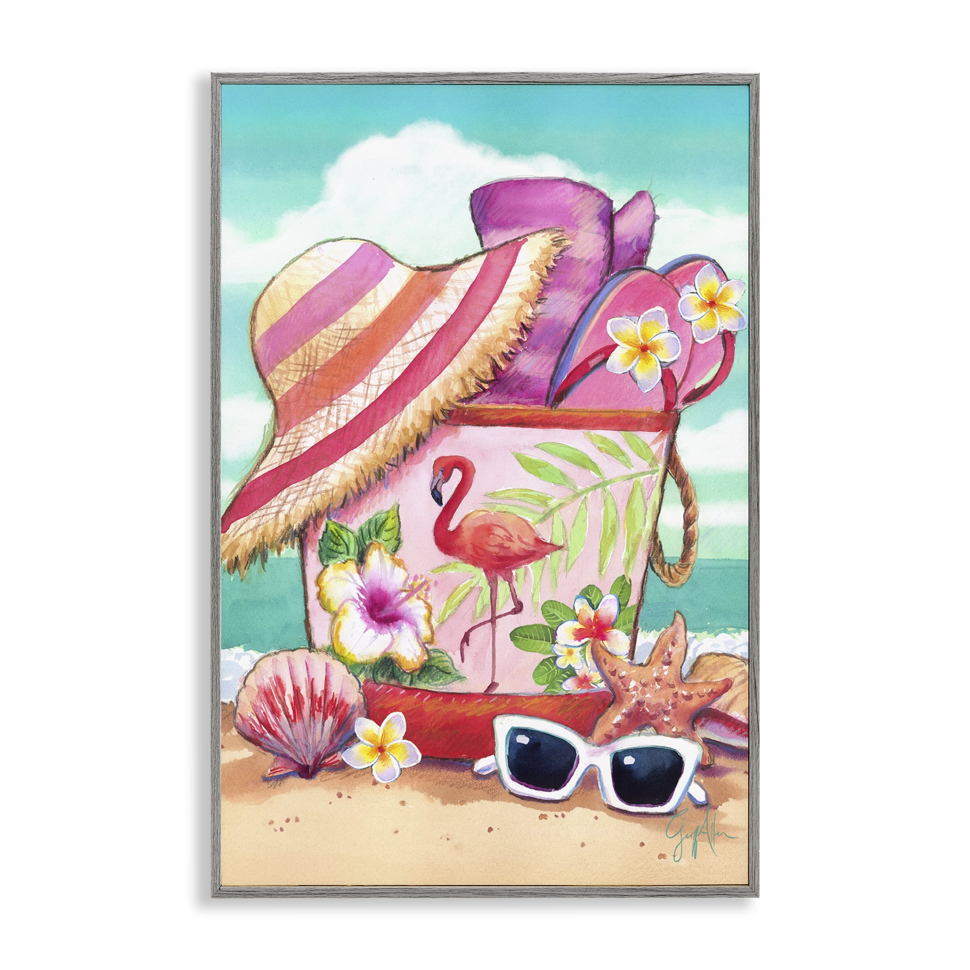 Stupell Industries Floral Beach Bag Nautical & Beach Painting Gray Framed Art Print Wall Art, 20 x 30