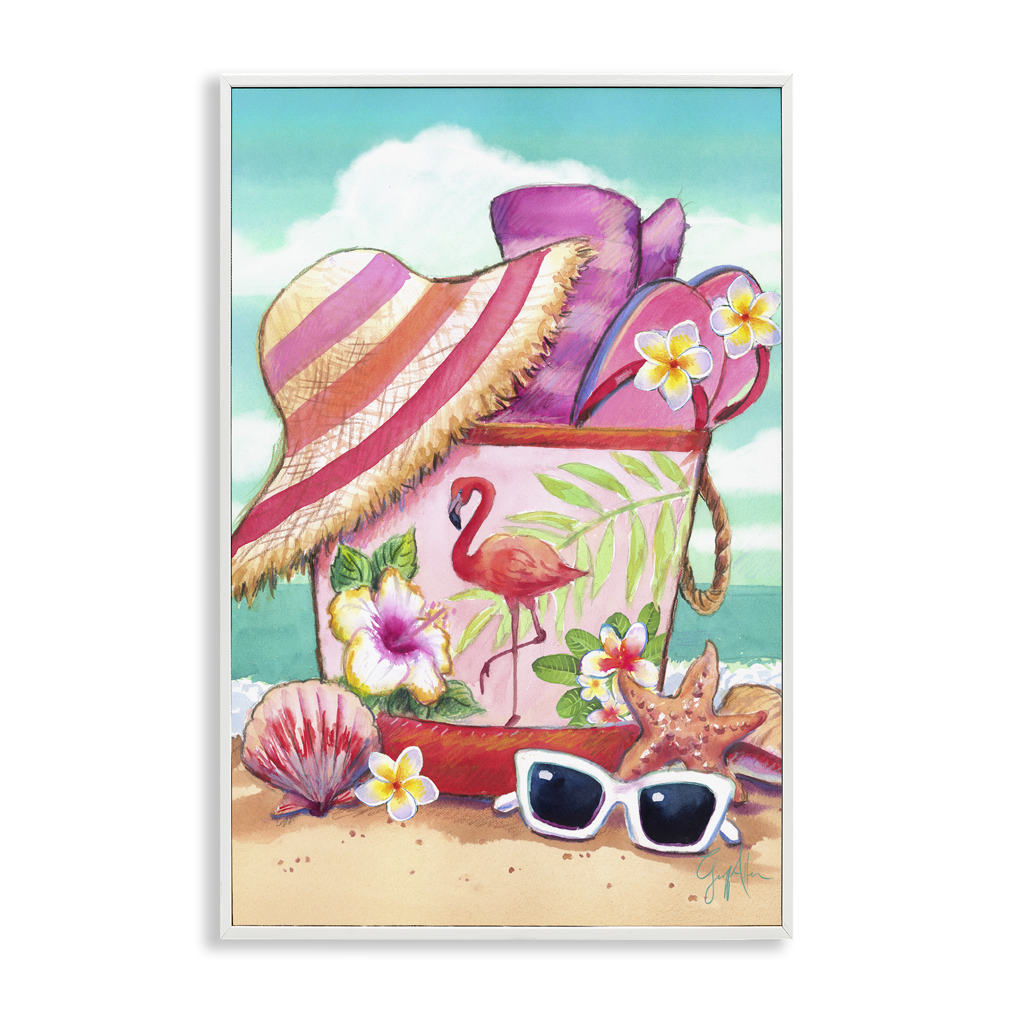 Stupell Industries Floral Beach Bag Nautical & Beach Painting White Framed Art Print Wall Art, 16 x 24