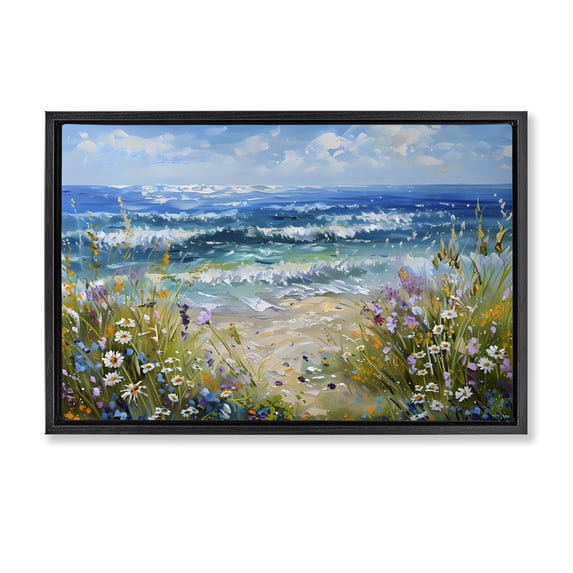 Stupell Industries Coastal Floral Beach Meadow by Ocean Black Floating Frame Canvas Art, 25 x 17, by Creative Studio