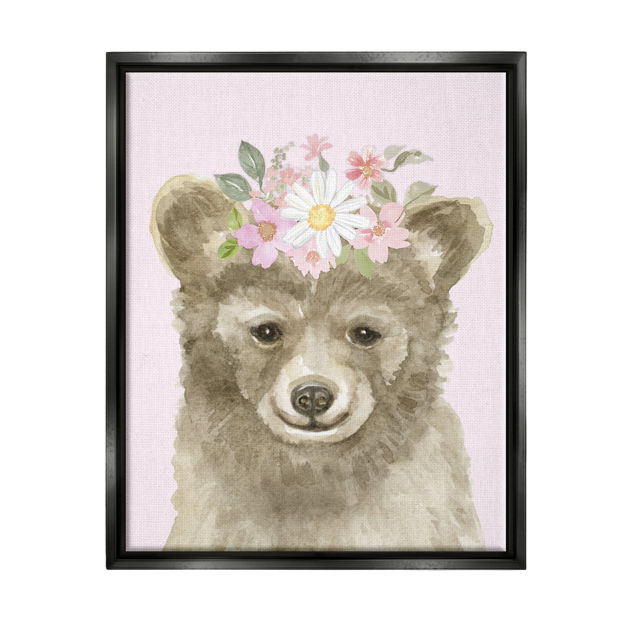 Stupell Industries Floral Bear on Pink Animals & Insects Painting Black Floater Framed Art Print Wall Art, 25 x 31