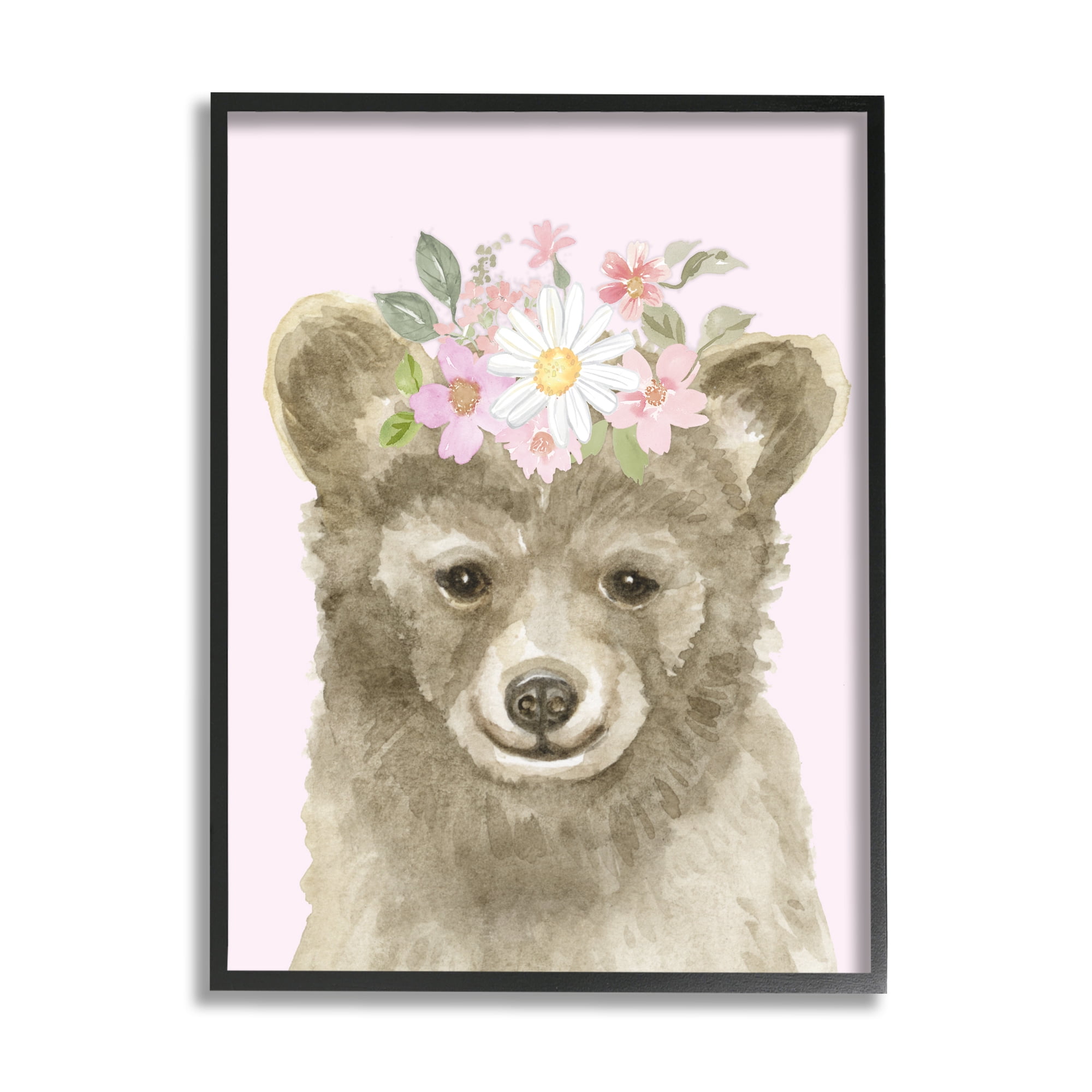 Stupell Industries Floral Bear on Pink Animals & Insects Painting Black Framed Art Print Wall Art, 11 x 14