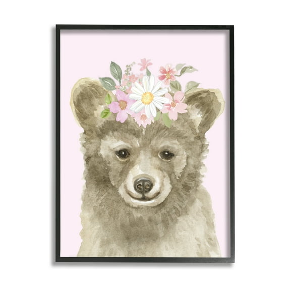 Stupell Industries Floral Bear on Pink Animals & Insects Painting Black Framed Art Print Wall Art, 11 x 14