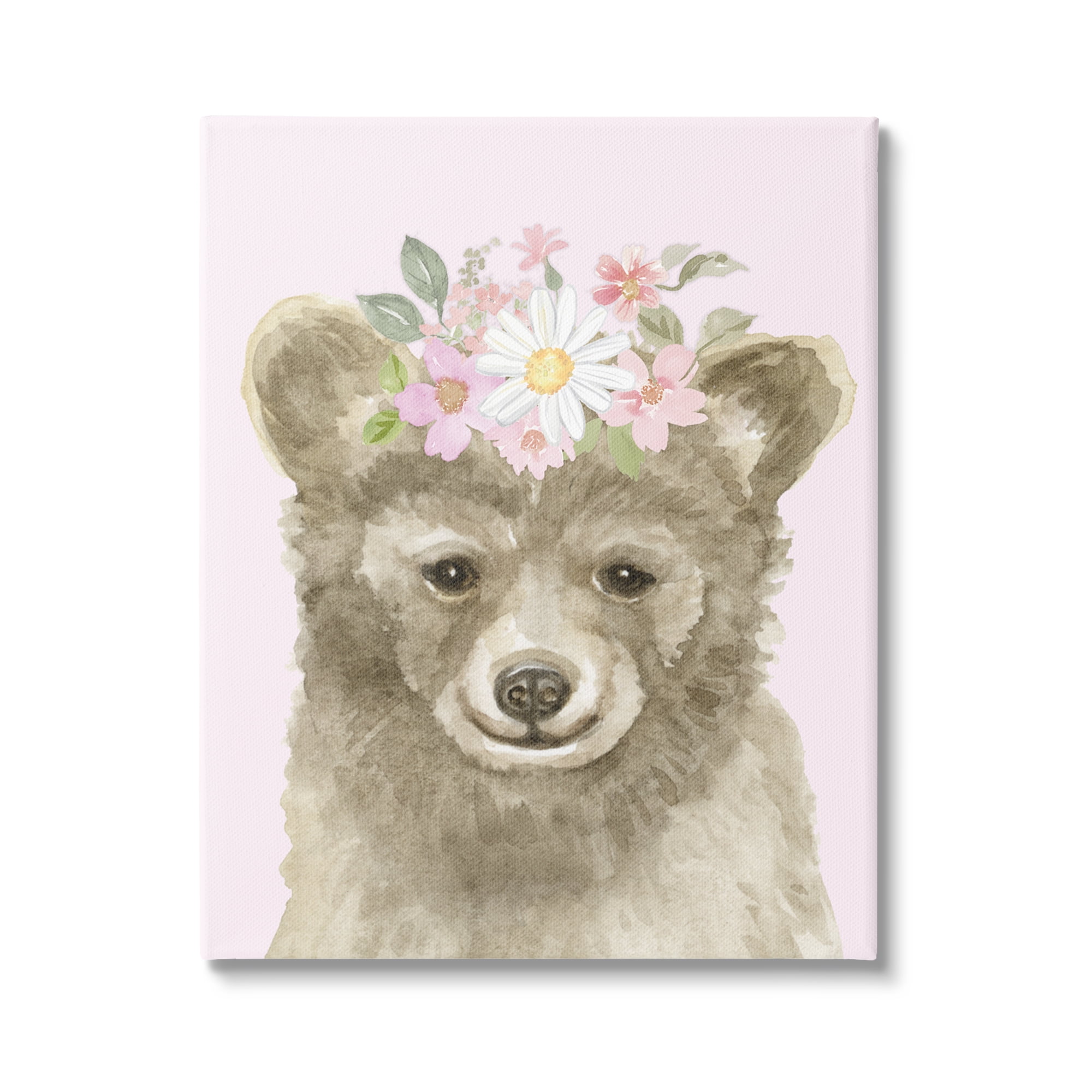 Stupell Industries Floral Bear on Pink Animals & Insects Painting Gallery Wrapped Canvas Print Wall Art, 36 x 48
