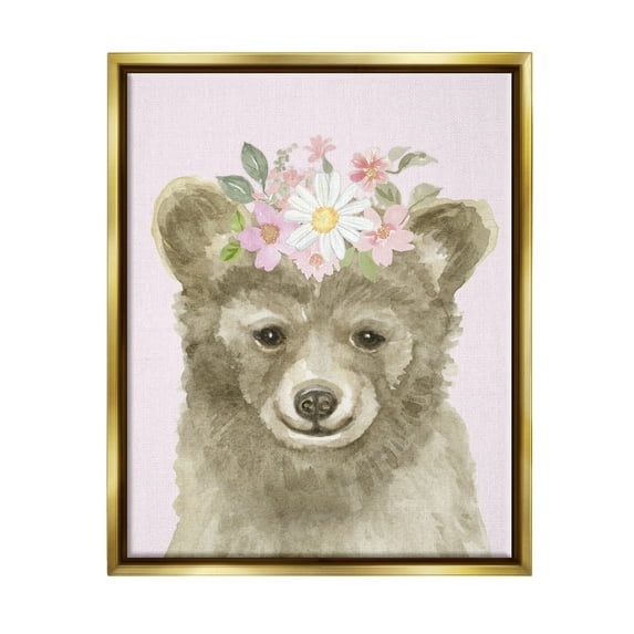 Stupell Industries Floral Bear on Pink Animals & Insects Painting Gold Floater Framed Art Print Wall Art, 25 x 31