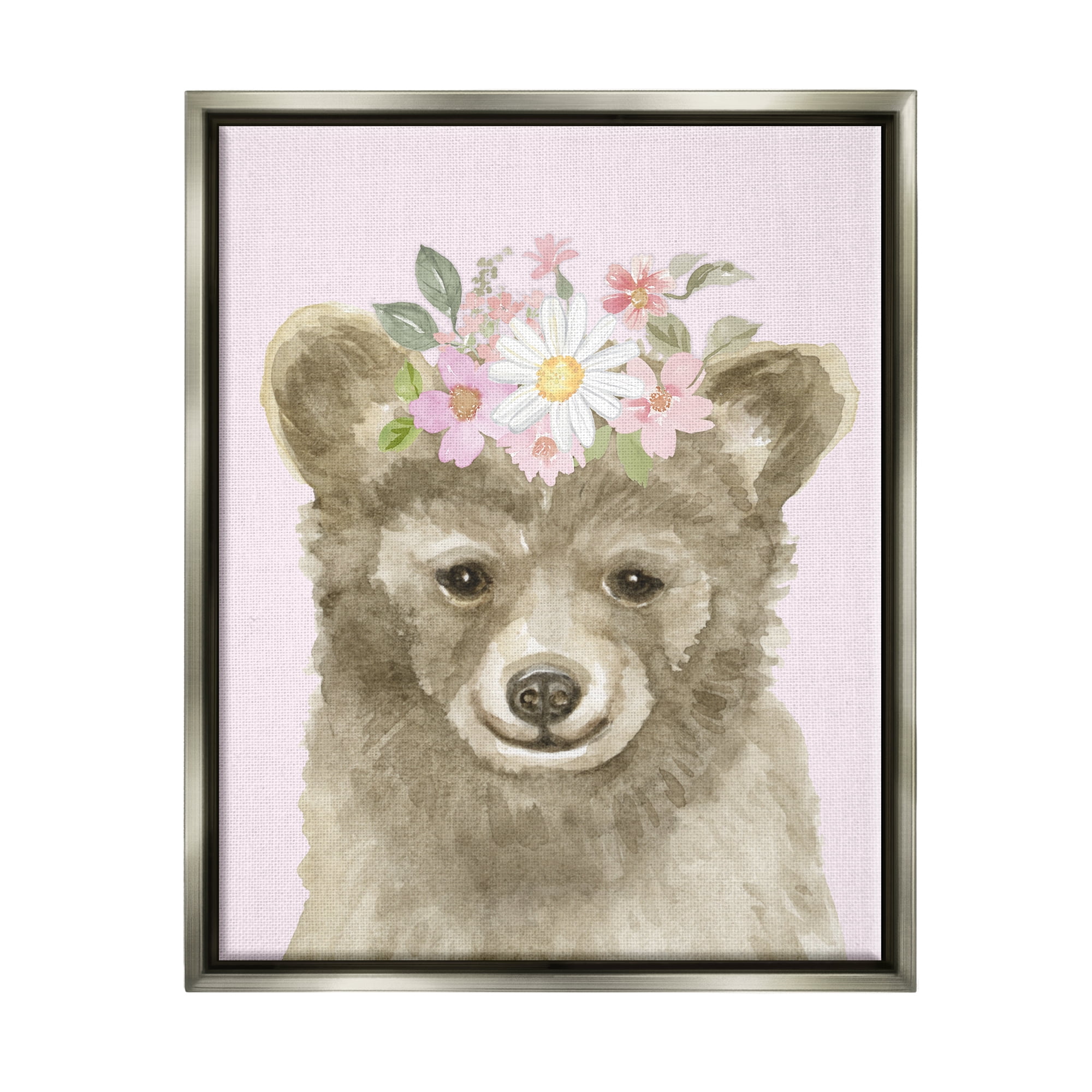 Stupell Industries Floral Bear on Pink Animals & Insects Painting Gray Floater Framed Art Print Wall Art, 17 x 21