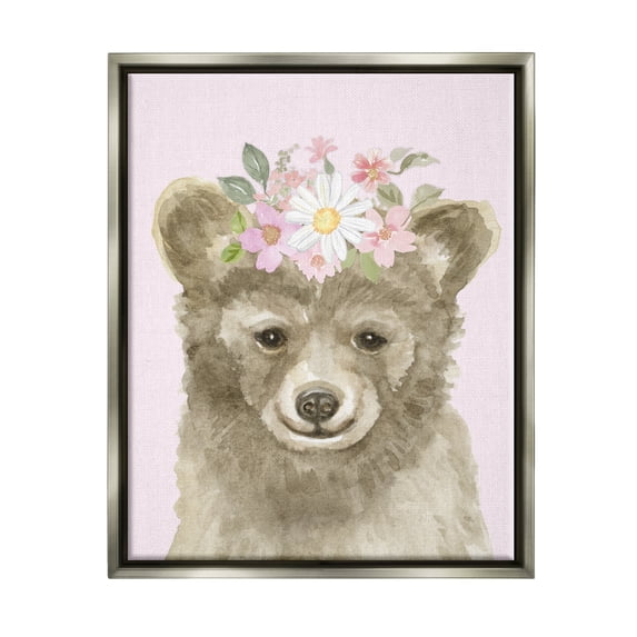 Stupell Industries Floral Bear on Pink Animals & Insects Painting Gray Floater Framed Art Print Wall Art, 17 x 21