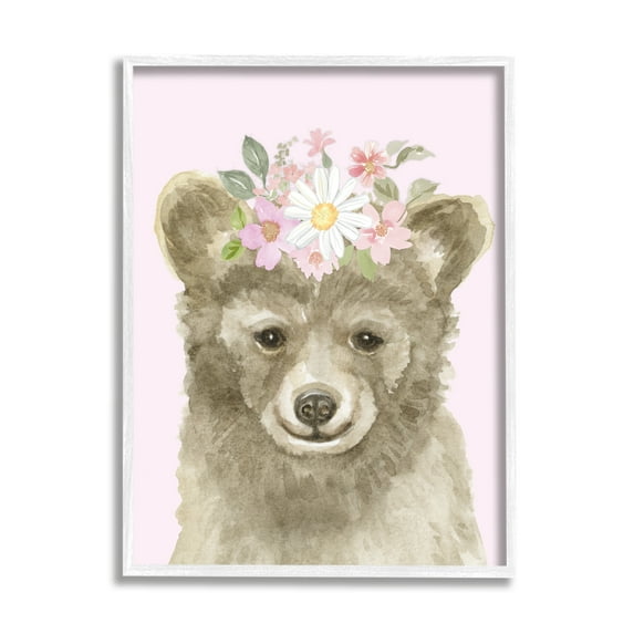 Stupell Industries Floral Bear on Pink Animals & Insects Painting White Framed Art Print Wall Art, 11 x 14
