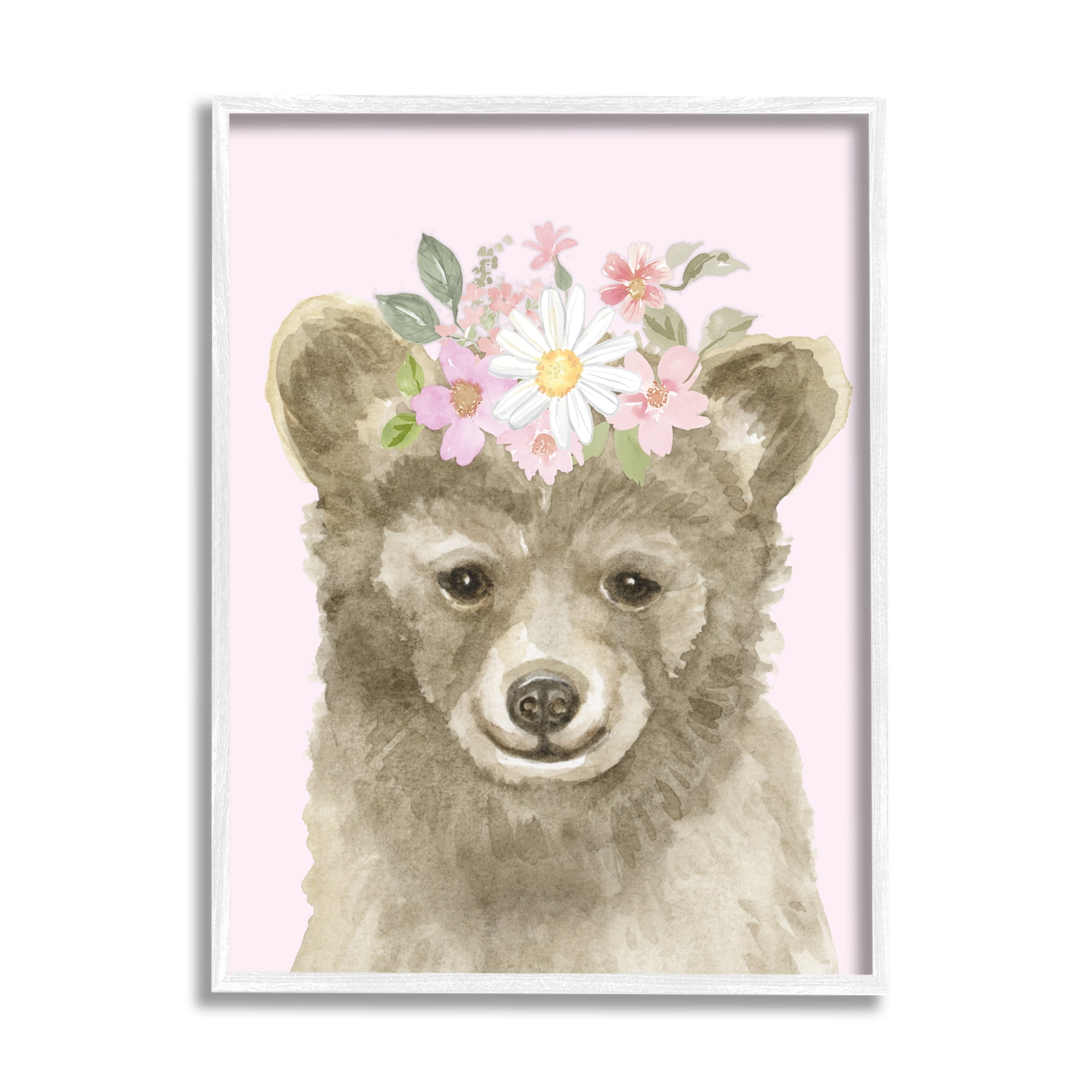 Stupell Industries Floral Bear on Pink Animals & Insects Painting White Framed Art Print Wall Art, 24 x 30