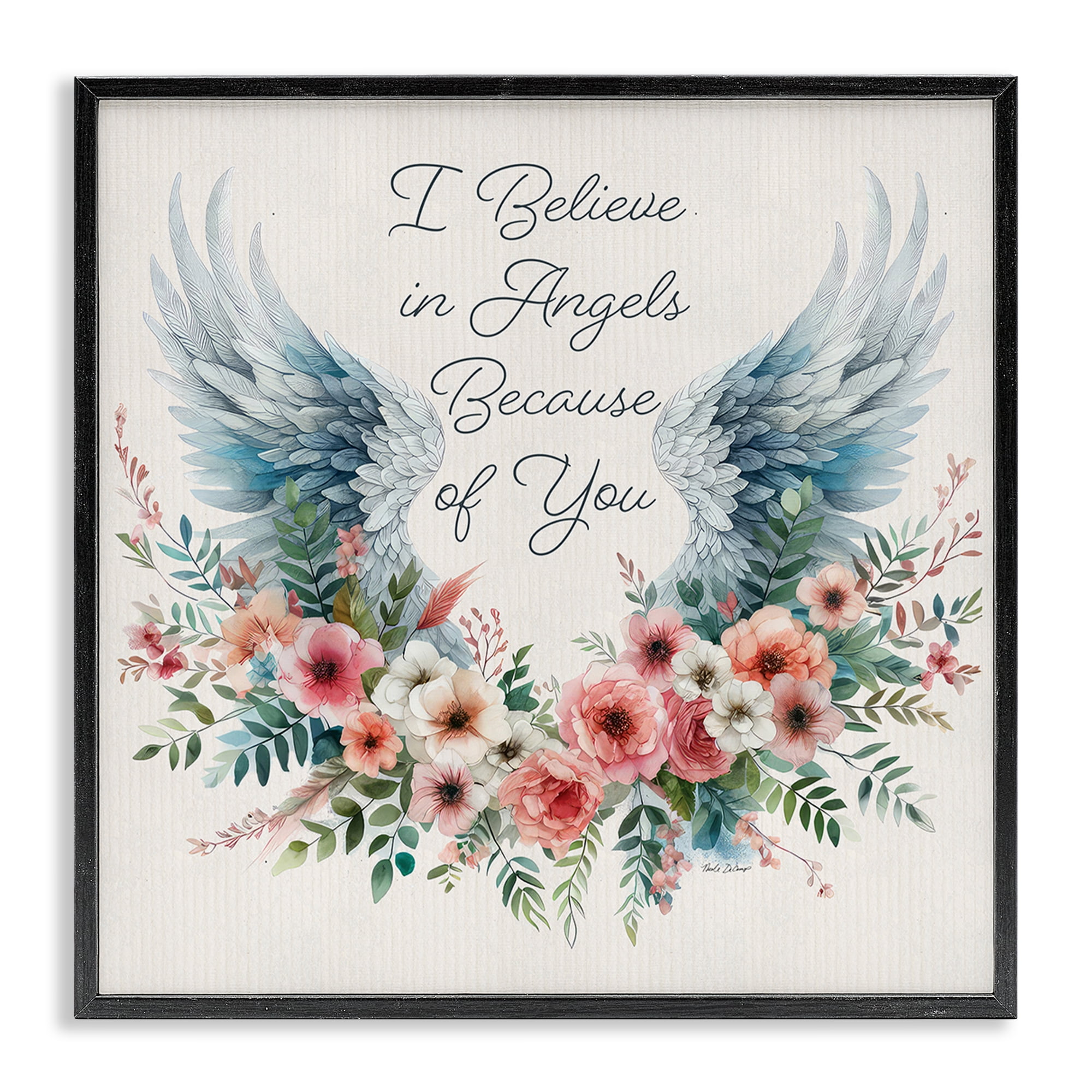 Stupell Industries Floral Believe In Angels Plants & Flowers Painting Black Framed Art Print Wall Art, 17 x 17