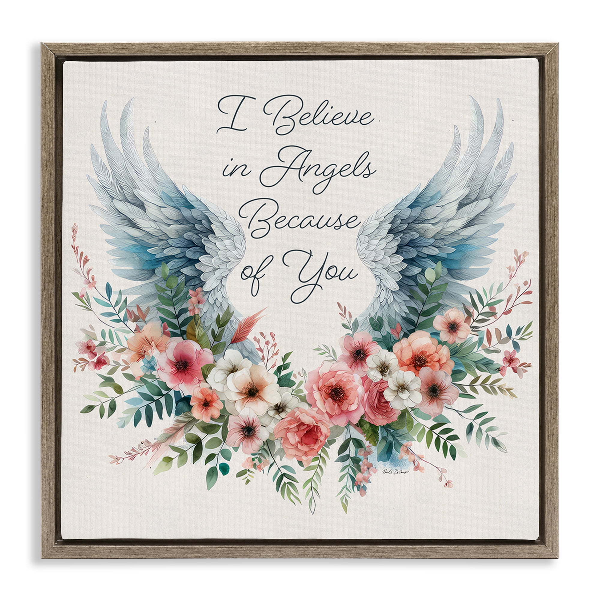 Stupell Industries Floral Believe In Angels Plants & Flowers Painting Brown Floater Framed Canvas Art Print Wall Art, 18 x 18
