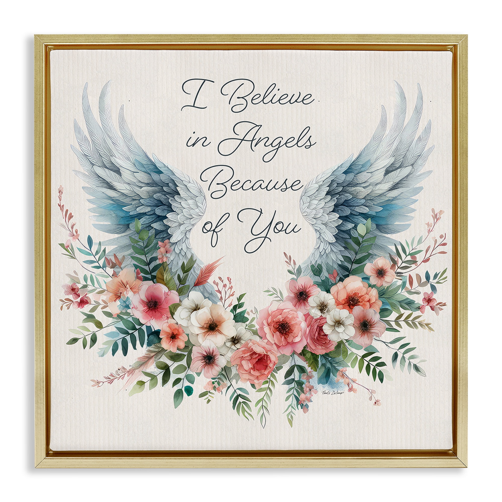 Stupell Industries Floral Believe In Angels Plants & Flowers Painting Gold Floater Framed Canvas Art Print Wall Art, 18 x 18