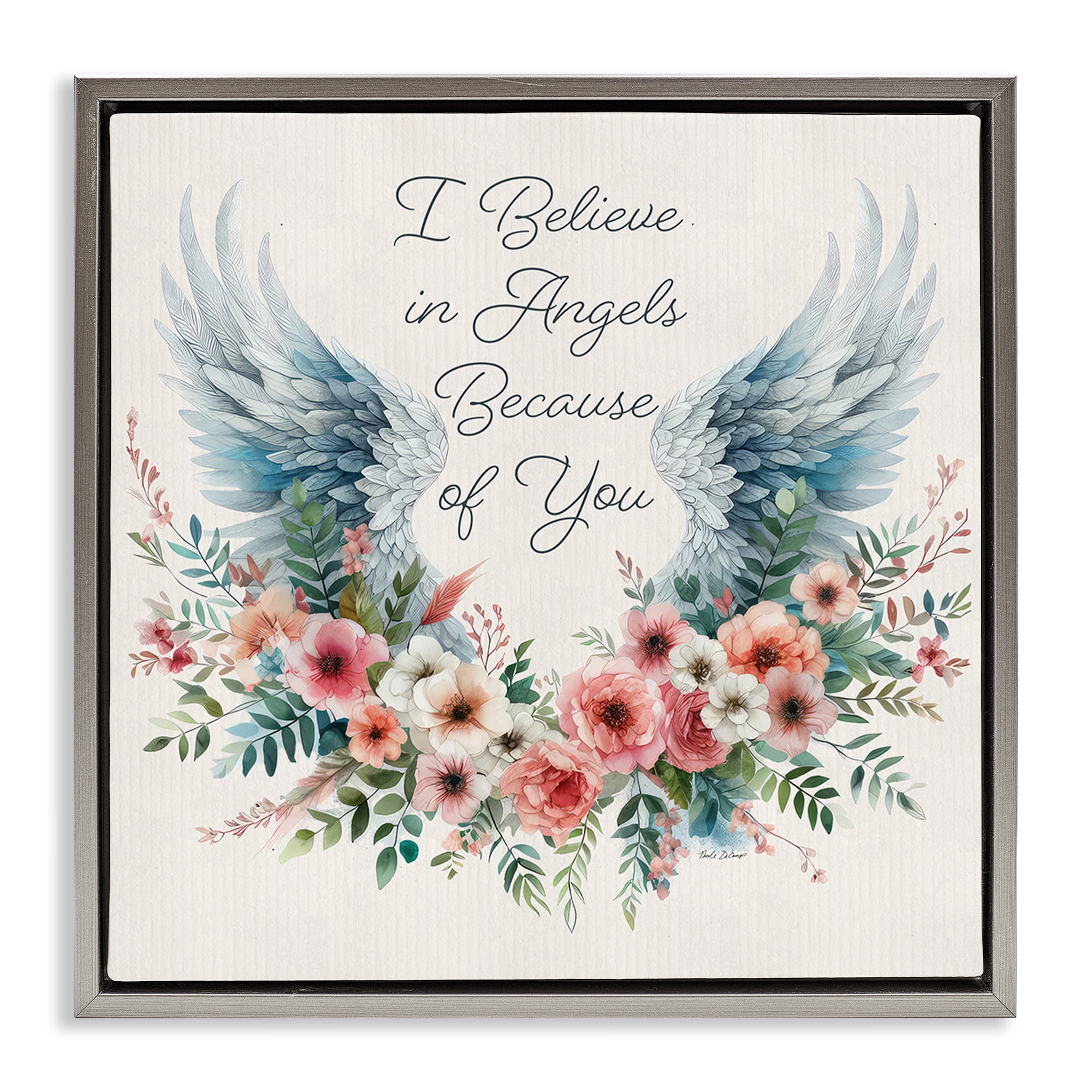 Stupell Industries Floral Believe In Angels Plants & Flowers Painting Gray Floater Framed Canvas Art Print Wall Art, 25 x 25