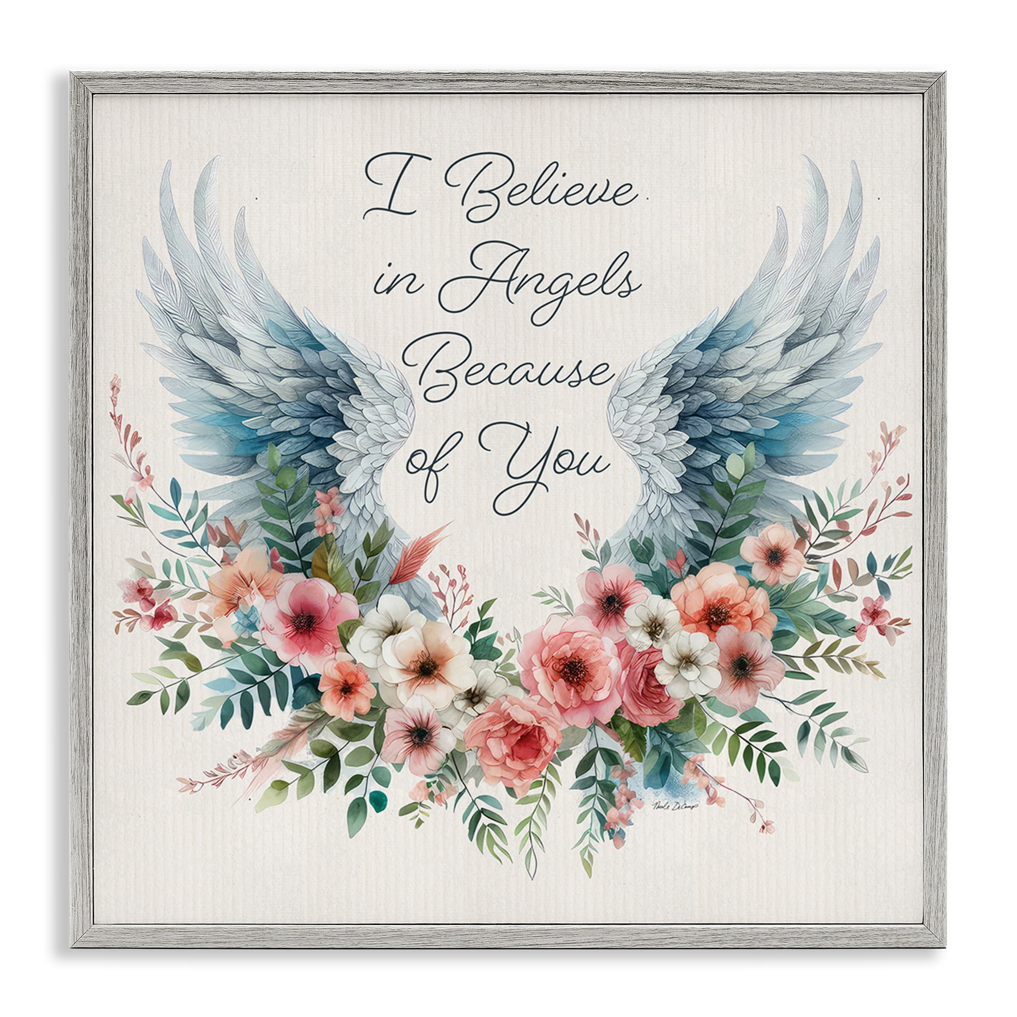 Stupell Industries Floral Believe In Angels Plants & Flowers Painting Gray Framed Art Print Wall Art, 24 x 24