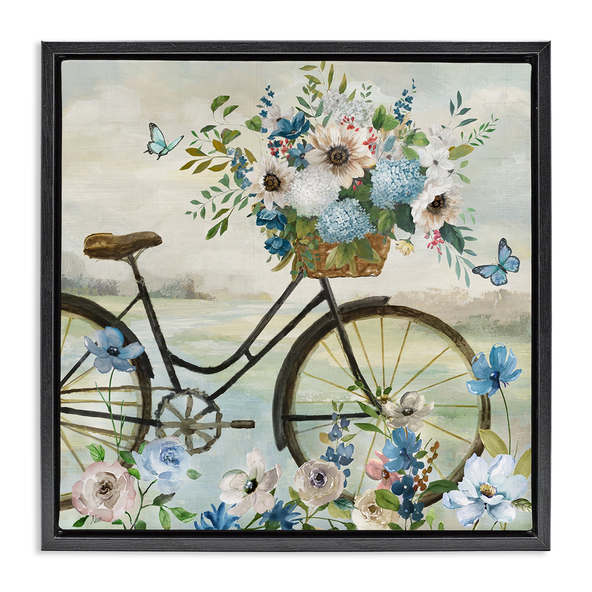 Stupell Industries Floral Bicycle & Butterflies Transportation Painting Black Floater Framed Canvas Art Print Wall Art, 18 x 18