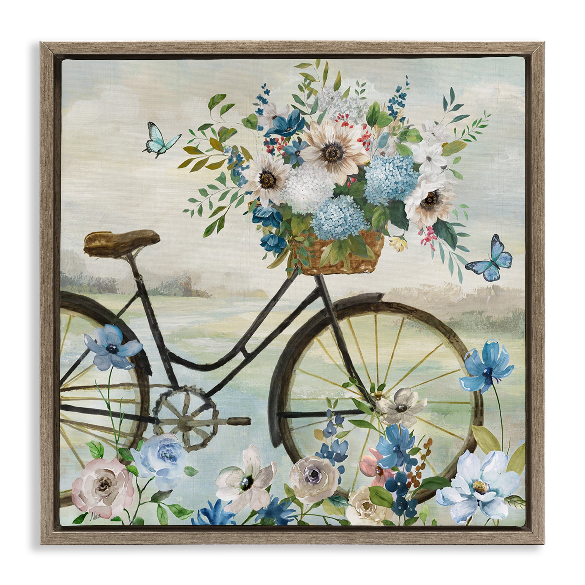 Stupell Industries Floral Bicycle & Butterflies Transportation Painting Brown Floater Framed Canvas Art Print Wall Art, 18 x 18
