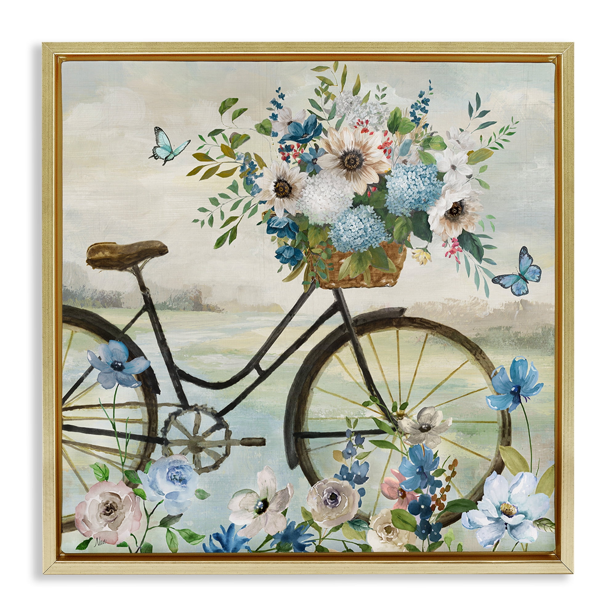 Stupell Industries Floral Bicycle & Butterflies Transportation Painting Gold Floater Framed Canvas Art Print Wall Art, 25 x 25