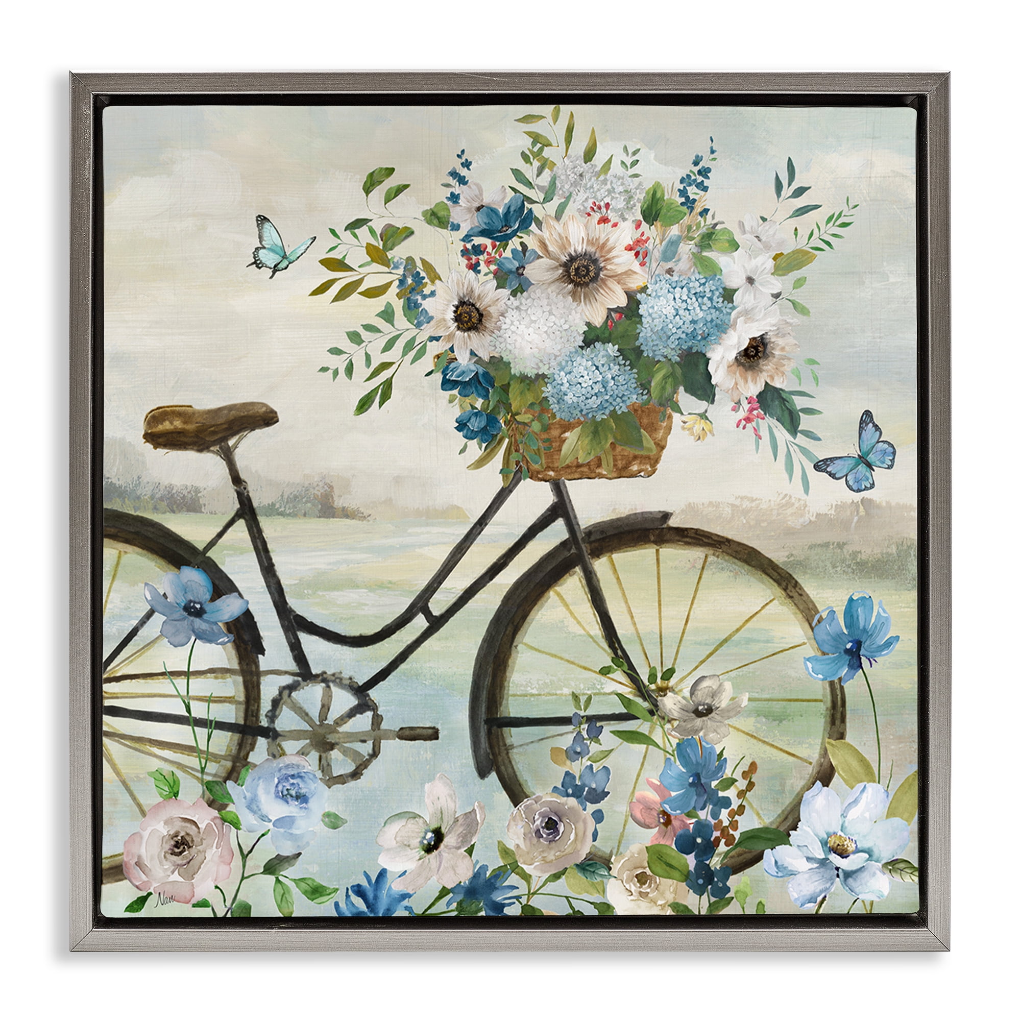 Stupell Industries Floral Bicycle & Butterflies Transportation Painting Gray Floater Framed Canvas Art Print Wall Art, 18 x 18
