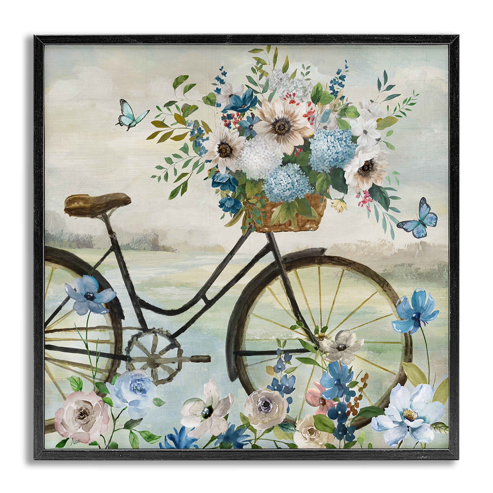 Stupell Industries Floral Bicycle & Butterflies Transportation Painting Gray Framed Art Print Wall Art, 24 x 24