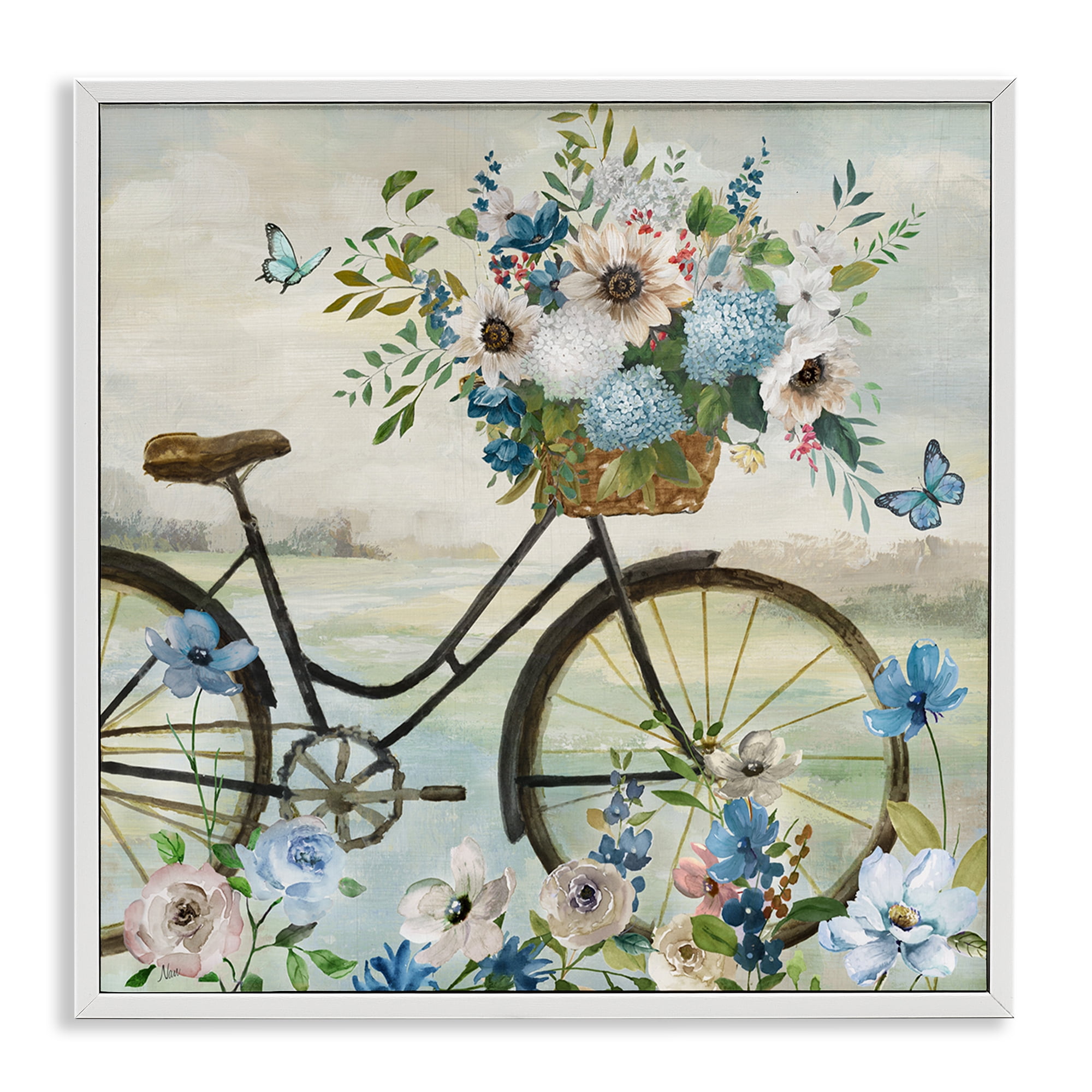 Stupell Industries Floral Bicycle & Butterflies Transportation Painting White Framed Art Print Wall Art, 17 x 17