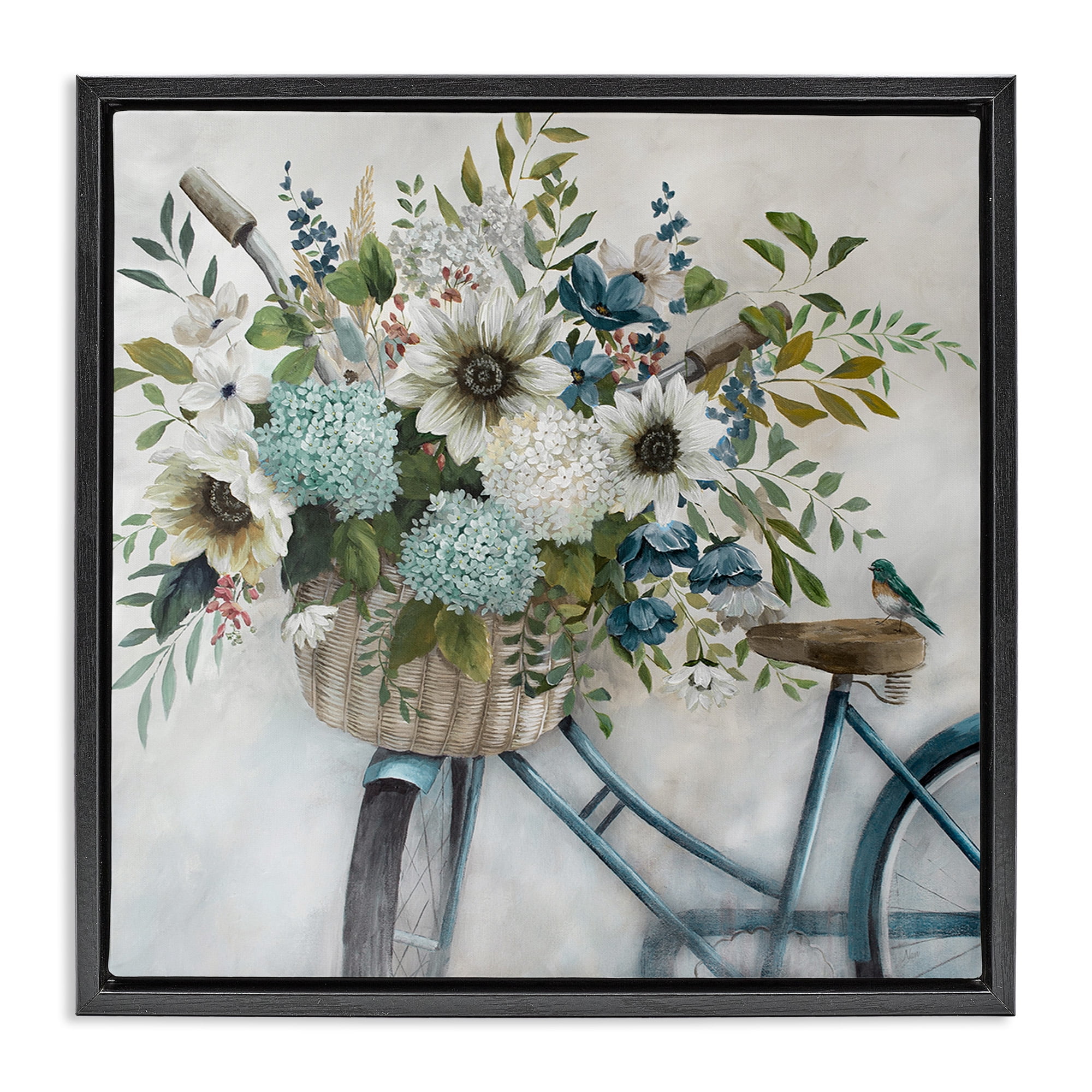 Stupell Industries Floral Bike Basket Transportation Painting Black Floater Framed Canvas Art Print Wall Art, 25 x 25