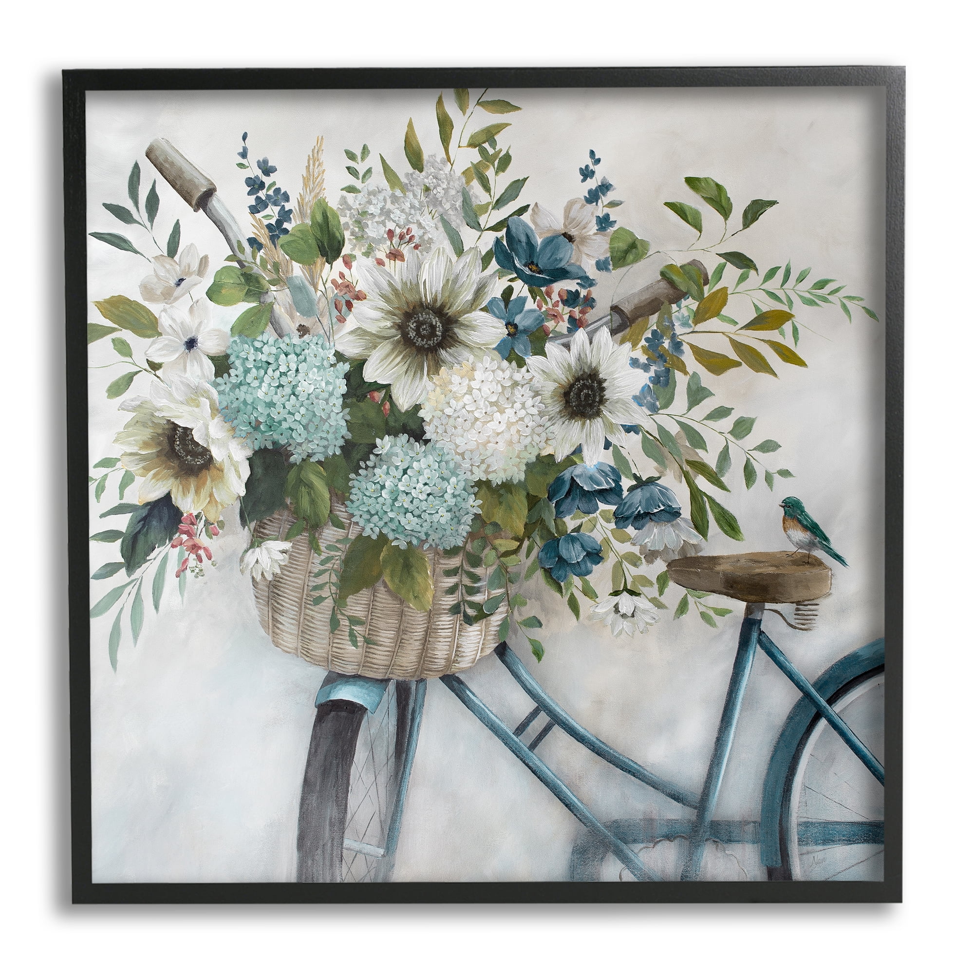 Stupell Industries Floral Bike Basket Transportation Painting Black Framed Art Print Wall Art, 17 x 17
