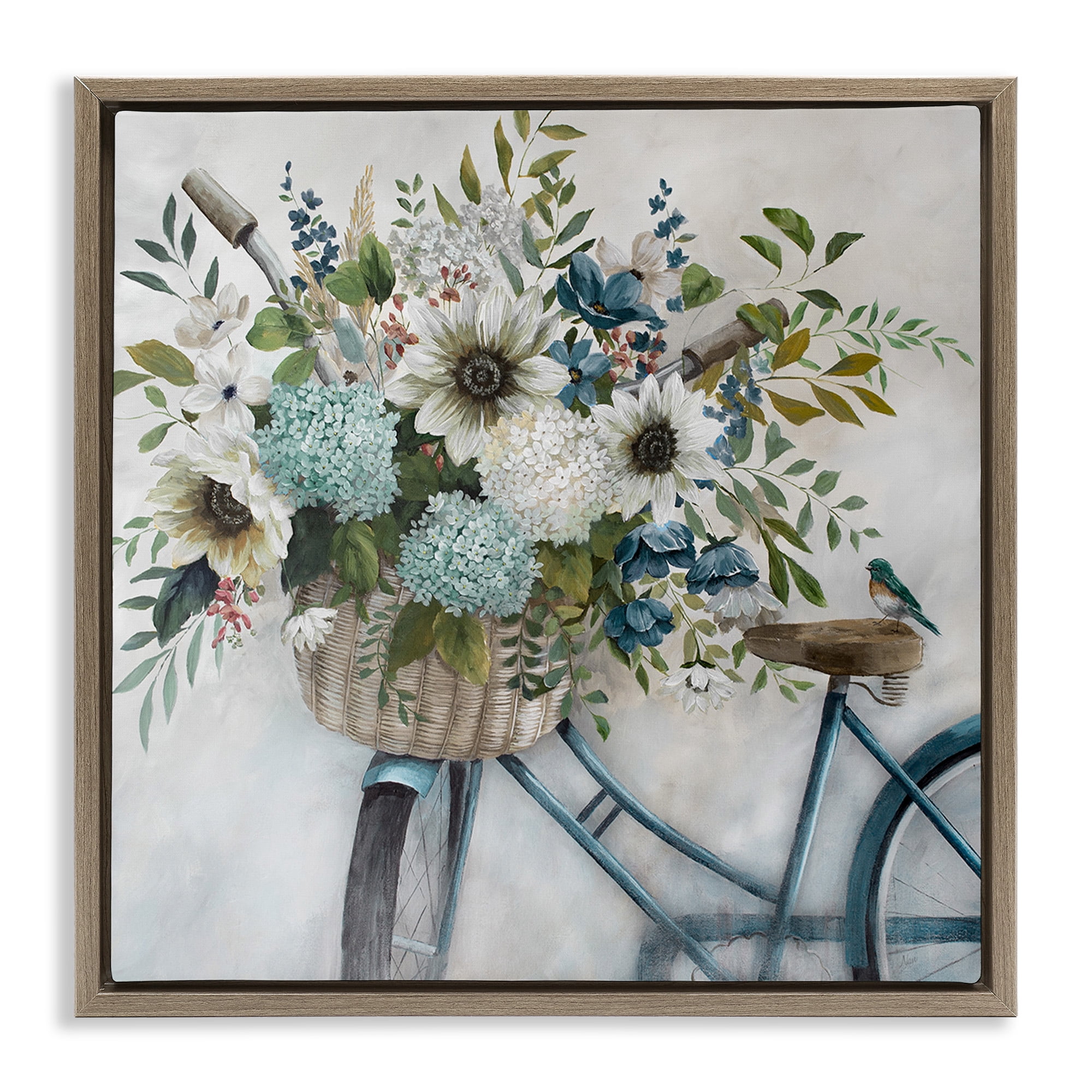 Stupell Industries Floral Bike Basket Transportation Painting Brown Floater Framed Canvas Art Print Wall Art, 18 x 18